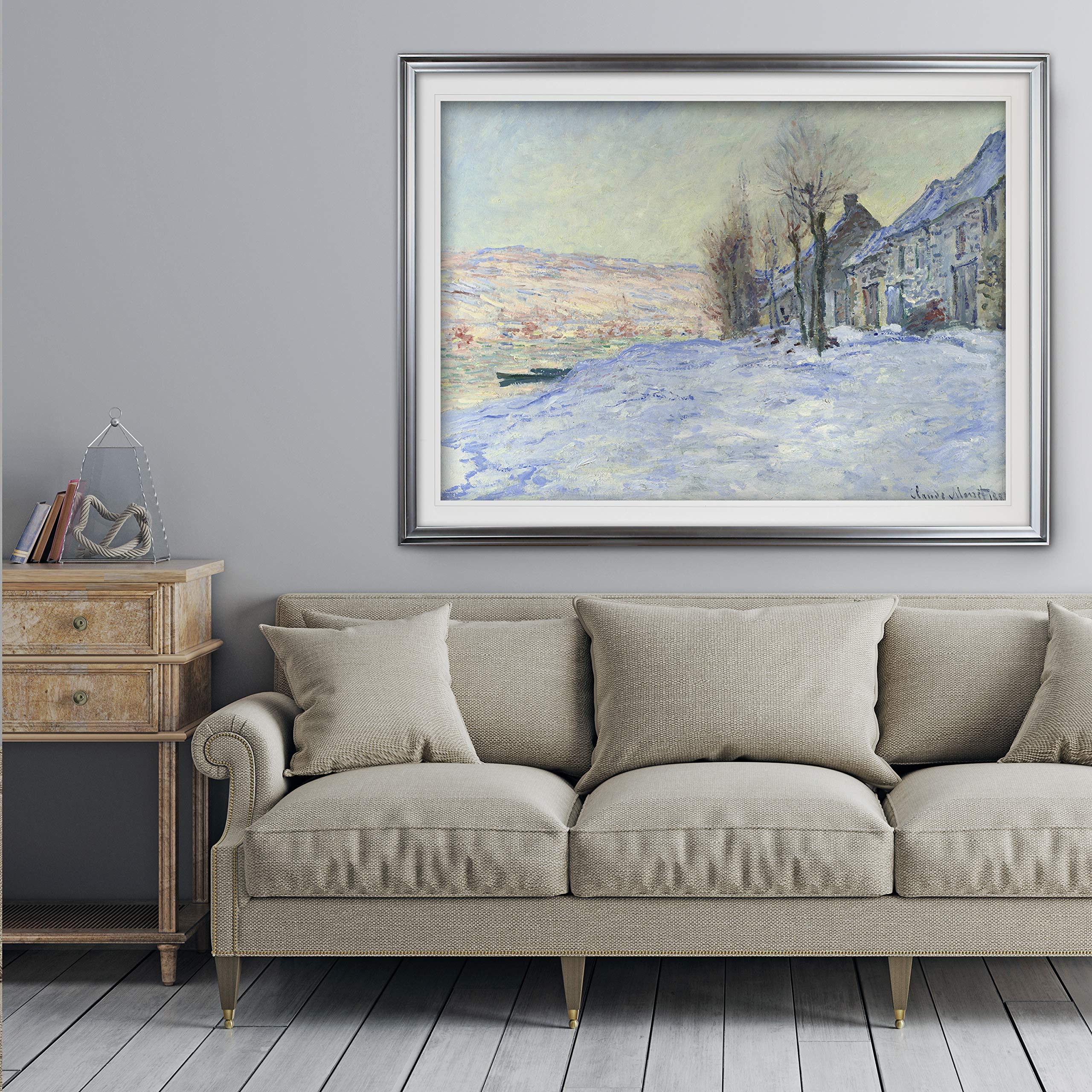 Claude Monet Winter Scene Wall Art - Framed Giclee Canvas Print of Sun and Snow Painting - Modern Home Decor for Living Room, Bedroom & Office