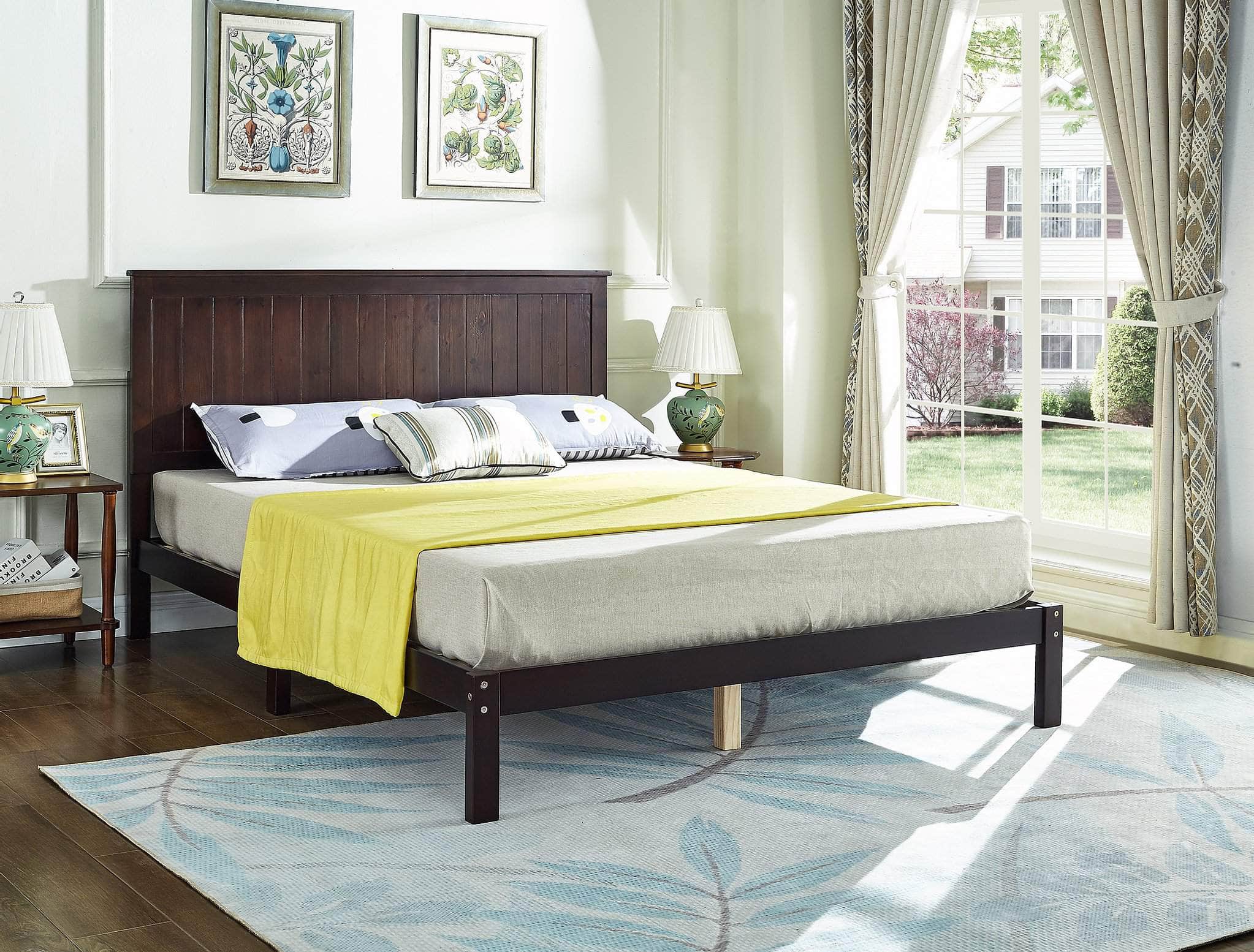 Summerland Solid Wood Platform Bed Frame - Espresso Finish - Queen & King Size - Modern Minimalist Bedroom Furniture for Small Spaces & Guest Rooms