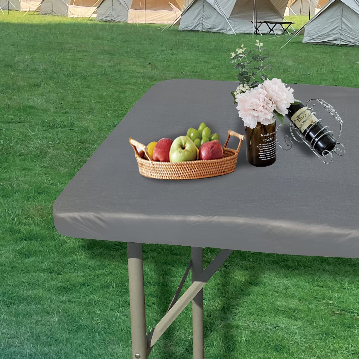 Waterproof PVC Tablecloth with Flannel Backing & Elastic Edge - 30x72 Inch Dark Grey Rectangle Vinyl Fitted Table Cover for Picnic, Patio, Indoor & Outdoor Dining, Parties, BBQs and Home Decor
