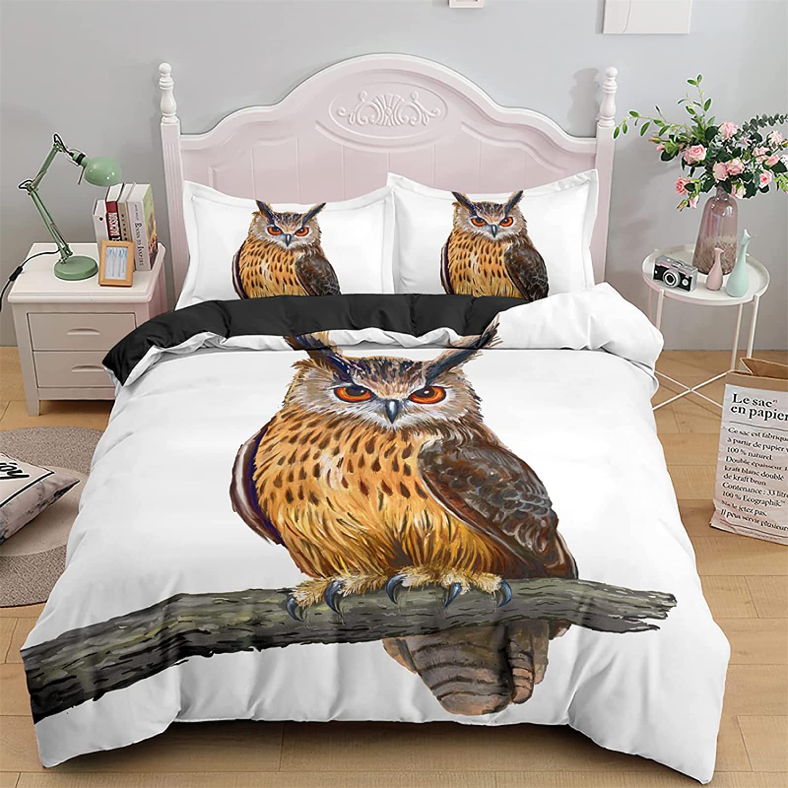 3D Printing Twin Duvet Cover Set - White Owl Design Soft Microfiber Comforter with Zipper Closure & 2 Pillowcases (20