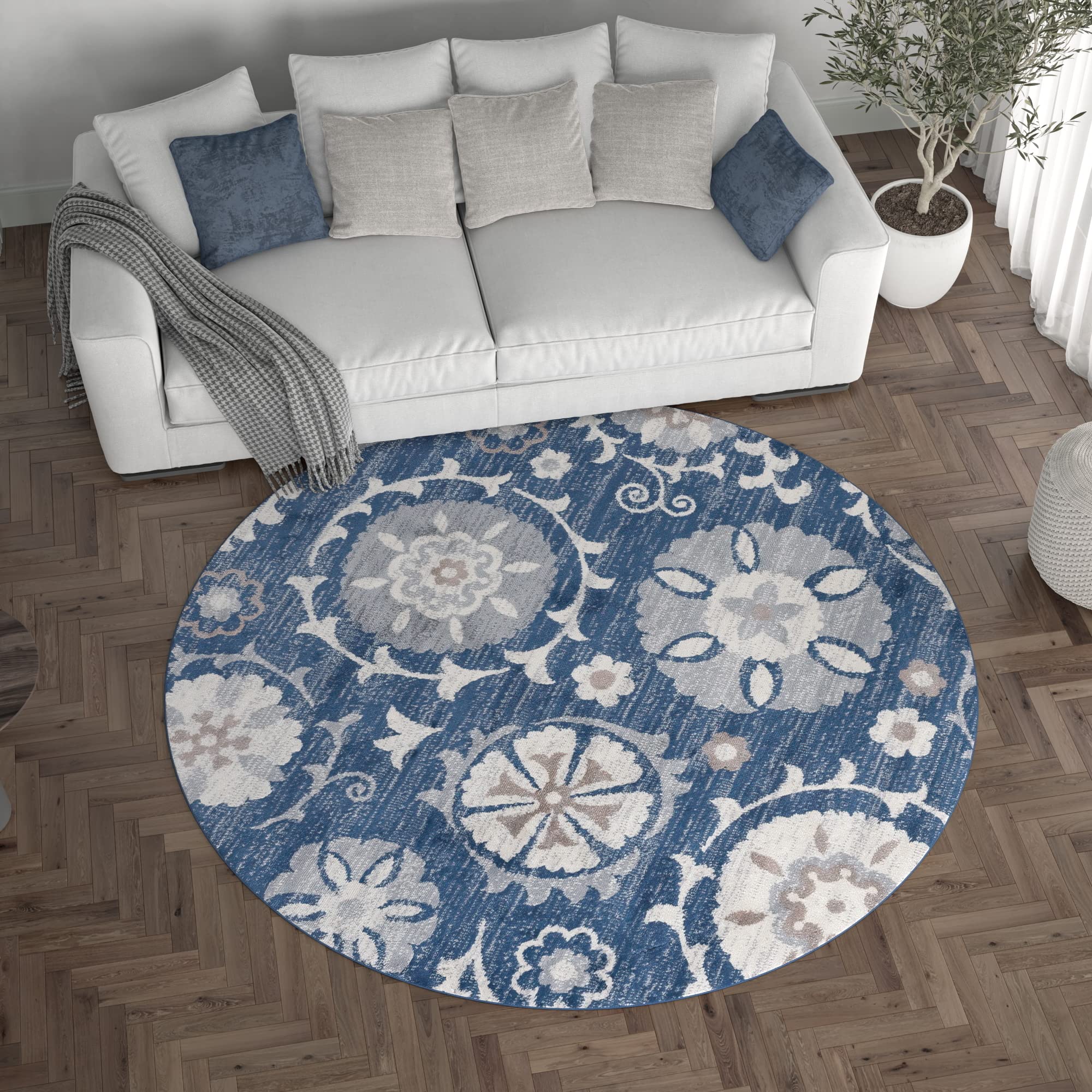 Navy Blue 8ft Round Modern Area Rug - Soft Indoor Carpet for Living Room, Dining Room, Bedroom, Kitchen & Entryway - Contemporary Home Decor - Perfect for Cozy Spaces & Modern Interiors