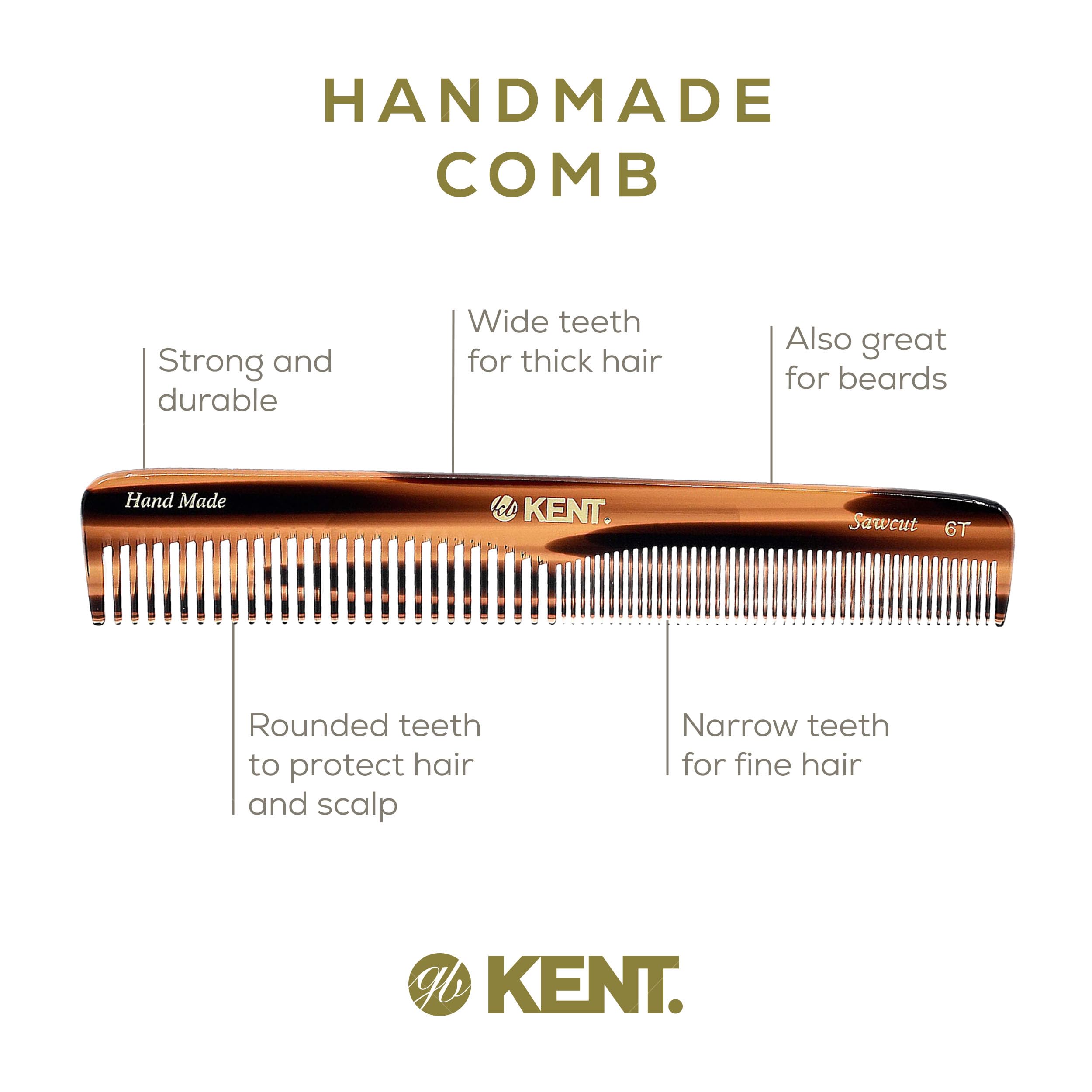 Kent 6T Fine & Wide Tooth Hair Comb Set - Handmade Styling Comb for Men, Women & Kids - Professional Barber & Beard Grooming Tool for Detangling, Styling & Hair Care - Perfect for Home, Salon & Travel Use