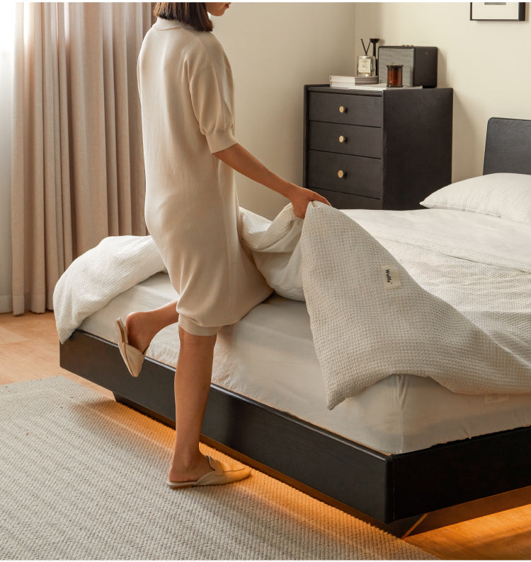 Solid Oak Wood Floating Platform Bed with LED Lights - Modern Smoky Finish for Bedroom, Guest Room, or Studio Apartment