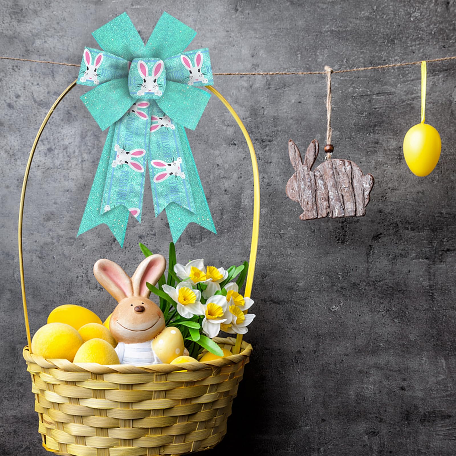 2 Pack Glitter Blue Burlap Easter Bows for Wreaths - Cute Bunny Craft Bows for Spring Door Decor, Easter Party, Birthday Celebration & Home Decoration