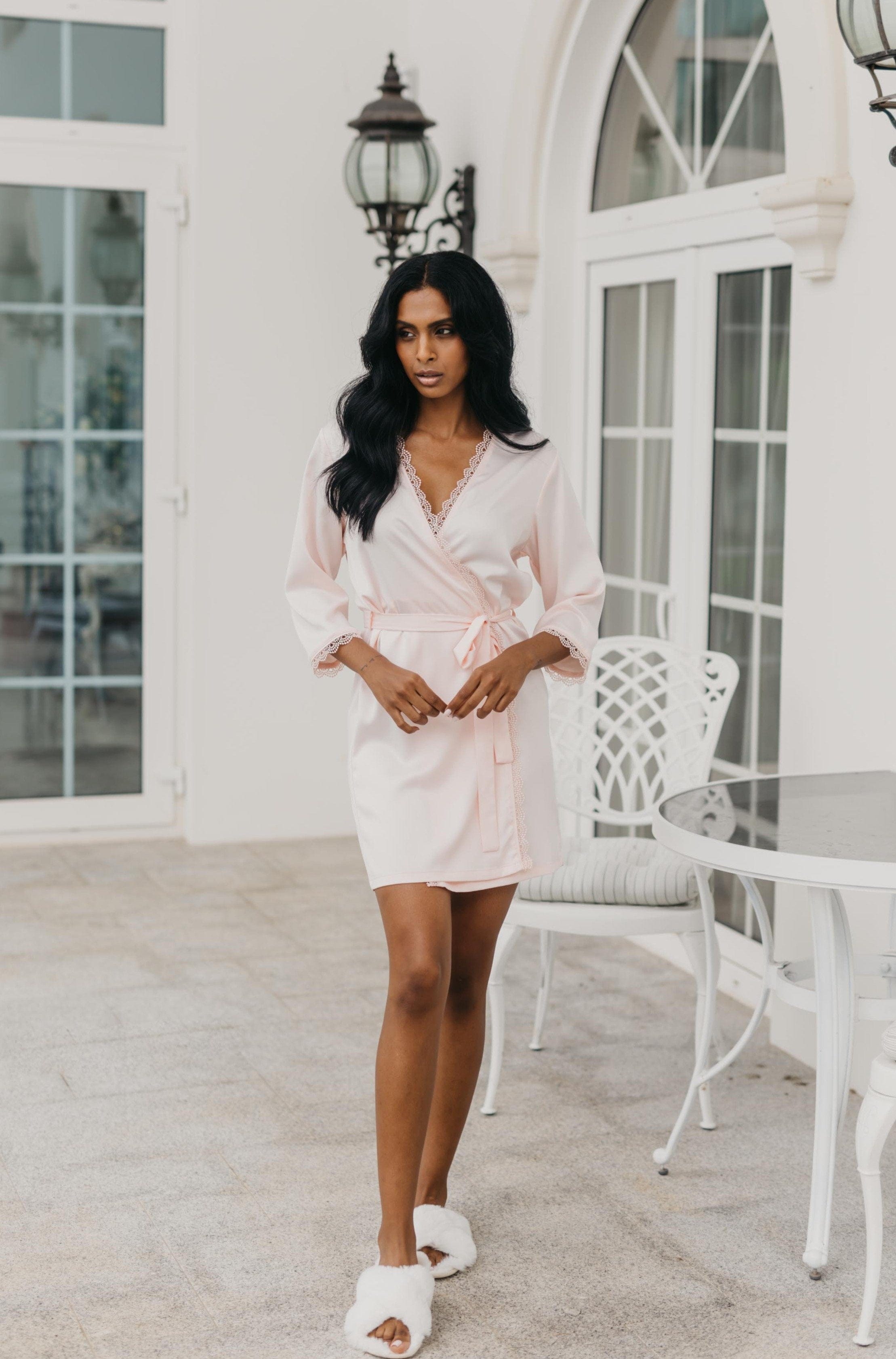 Ellie Lace Trim Robe - Elegant Women's Lingerie Nightgown for Bridal, Honeymoon & Special Occasions | Soft Comfortable Sleepwear for Bedroom & Boudoir