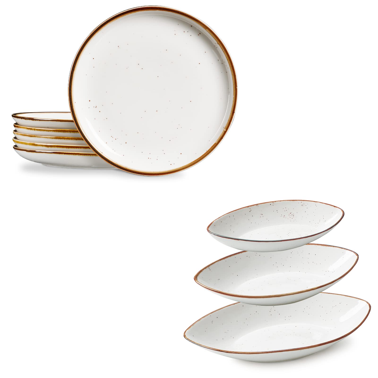 Premium ONEMORE Ceramic Dinner Plates & Serving Bowls Set - 12-Piece Microwave, Oven & Dishwasher Safe Tableware - Cream White for Everyday Dining, Entertaining & Restaurant Use