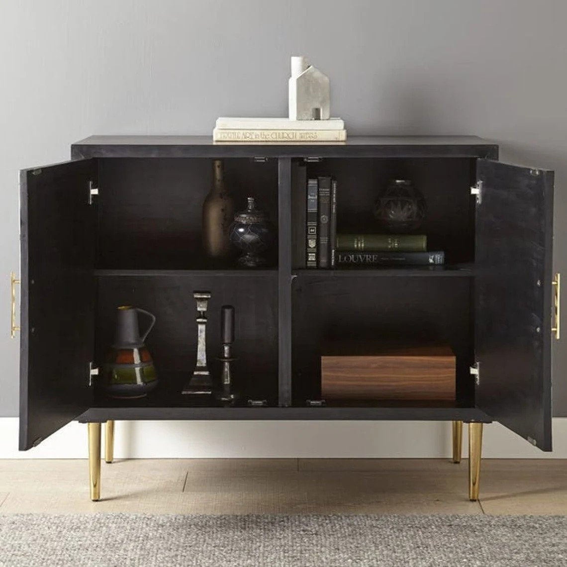 Handmade Black and White Bone Inlay Entryway Bar Cabinet with Two Doors - Stylish Storage for Liquor, Glassware & Home Decor in Hallway, Living Room or Dining Area