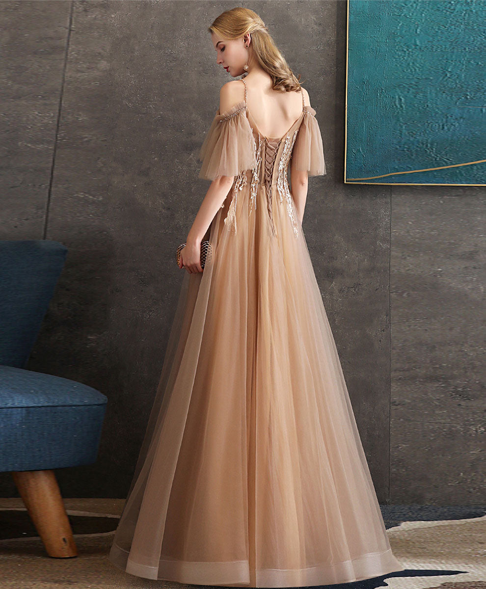 Elegant Champagne Tulle Lace Long Prom Dress - Formal Evening Gown for Homecoming, Ball, Wedding & Special Occasions