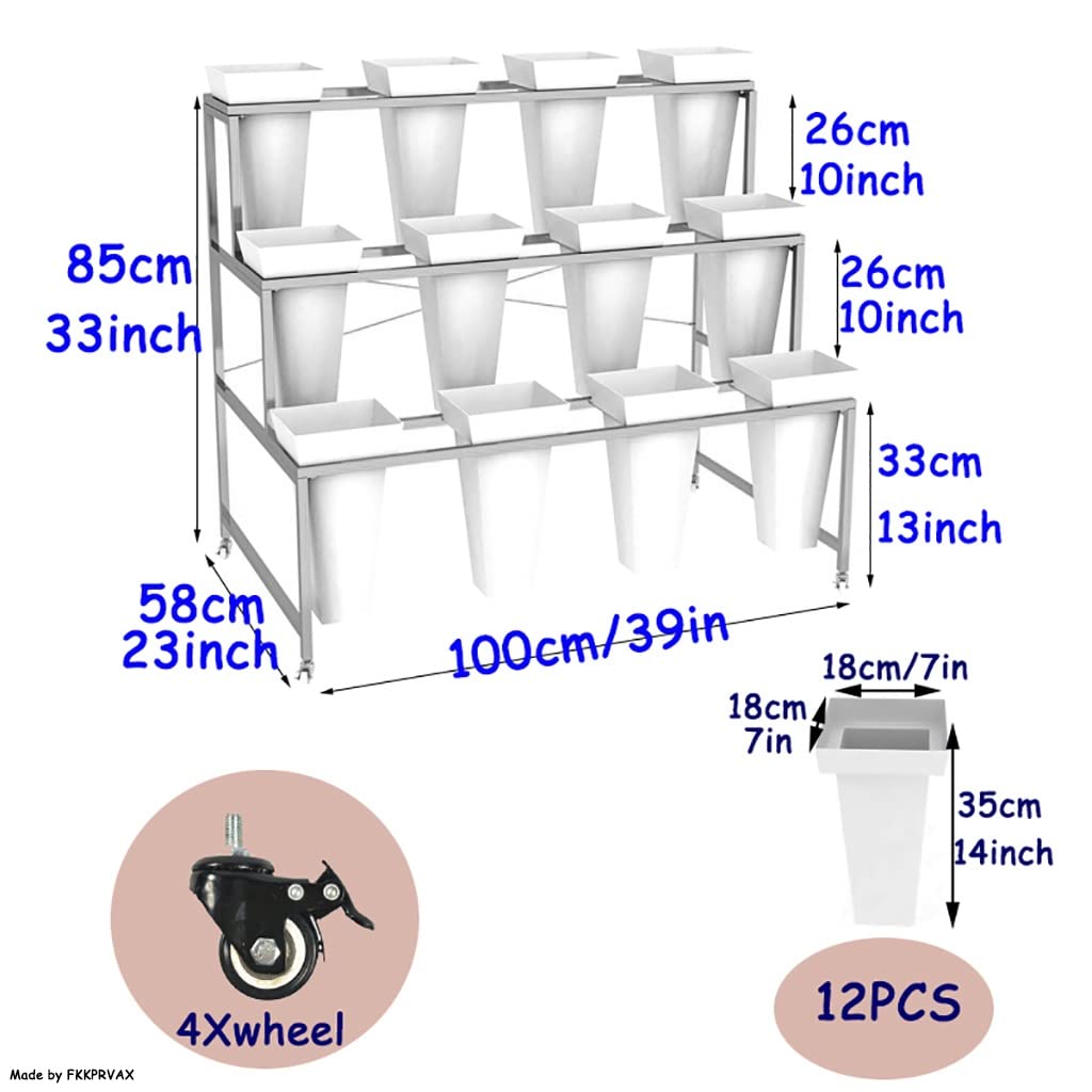Heavy Duty 3-Tier Flower Cart with 12 Buckets & Wheels - 33 Inch Tall Plant Stand for Florists, Garden, Patio - Perfect for Flower Displays, Nursery Organization & Outdoor Decor (Black)