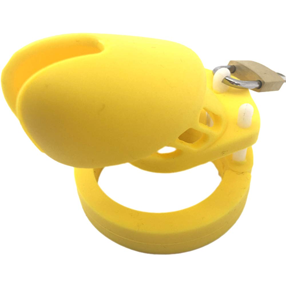 Premium Soft Silicone Chastity Cage for Men with 5 Adjustable Rings & Lock - Breathable Yellow Male Chastity Device with Secure Key - Comfortable Adult Sex Toy for BDSM, Role Play & Long-Term Wear