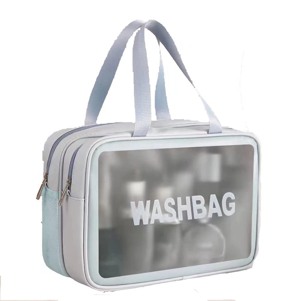 Clear Transparent Travel Toiletry Bag - Double Layer Waterproof & Draining Cosmetic Makeup Organizer for Women & Girls - Perfect for Airplane Carry-On, Gym, Beach & Vacation Essentials