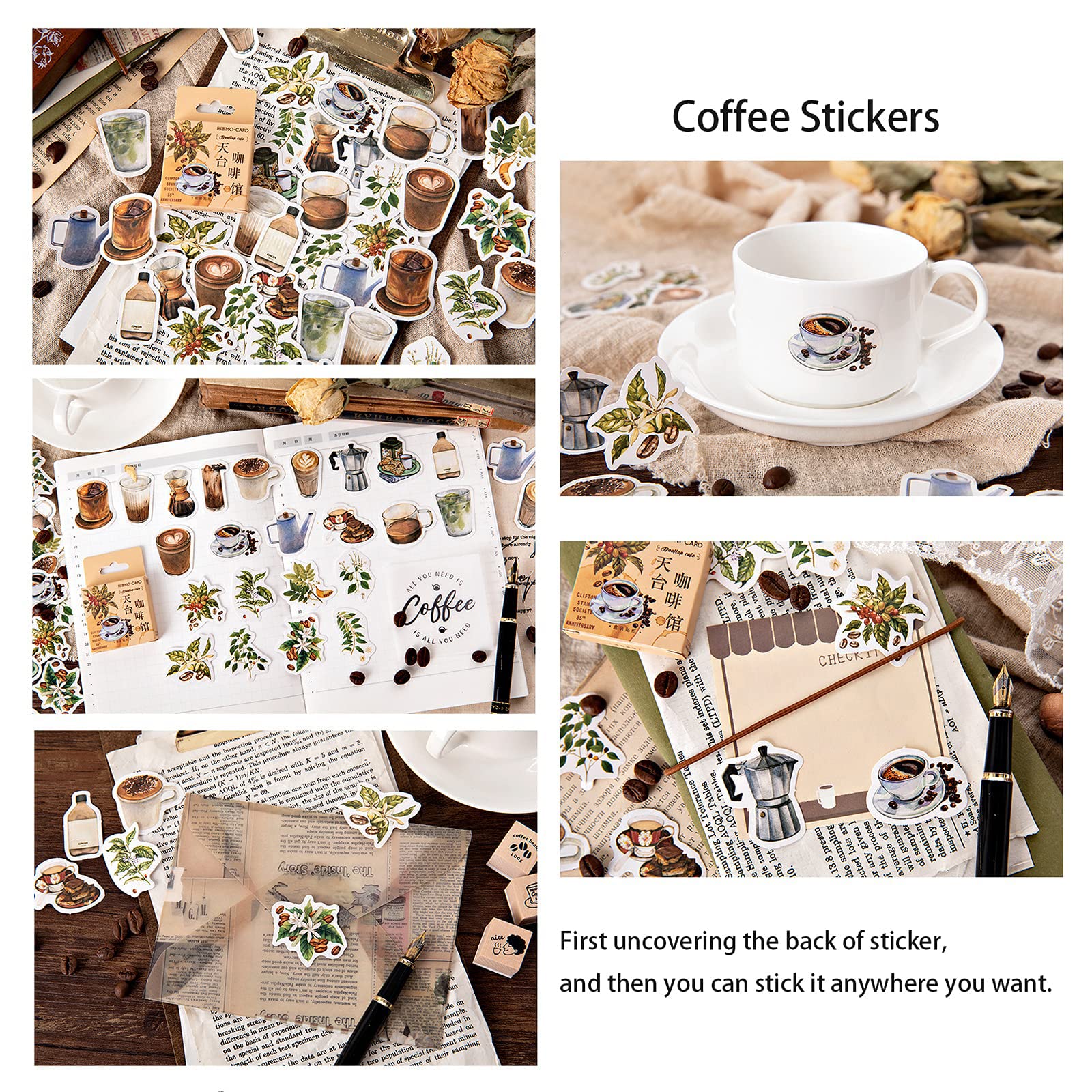 46pcs Coffee Theme Laptop Stickers - DIY Decorative Vinyl Stickers for Laptop, Notebook, Planner, Scrapbook, Suitcase & Diary (Cafe Style) - Perfect for Office, School & Travel Accessories