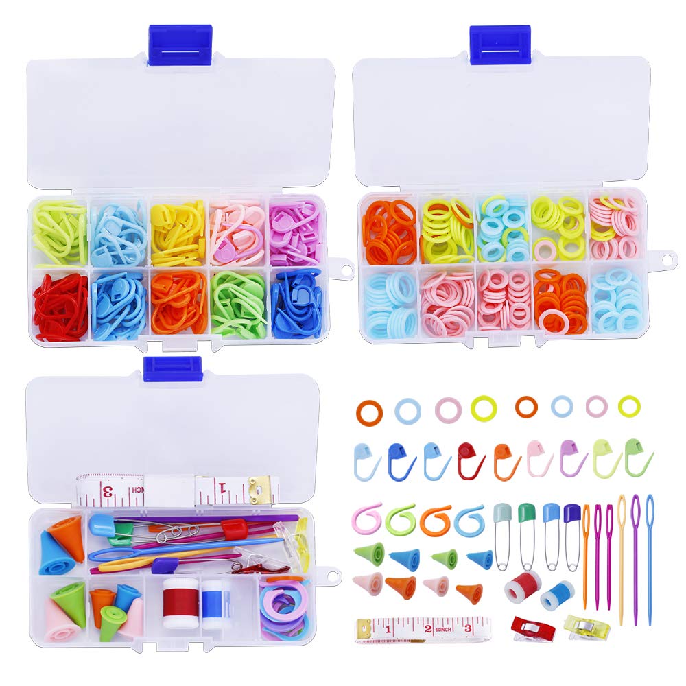 381-Piece Stitch Ring Markers & Colorful Knitting Crochet Locking Counter Stitch Needle Clips Set with 3 Storage Boxes - Perfect for Knitting, Crocheting, Weaving & Craft Projects