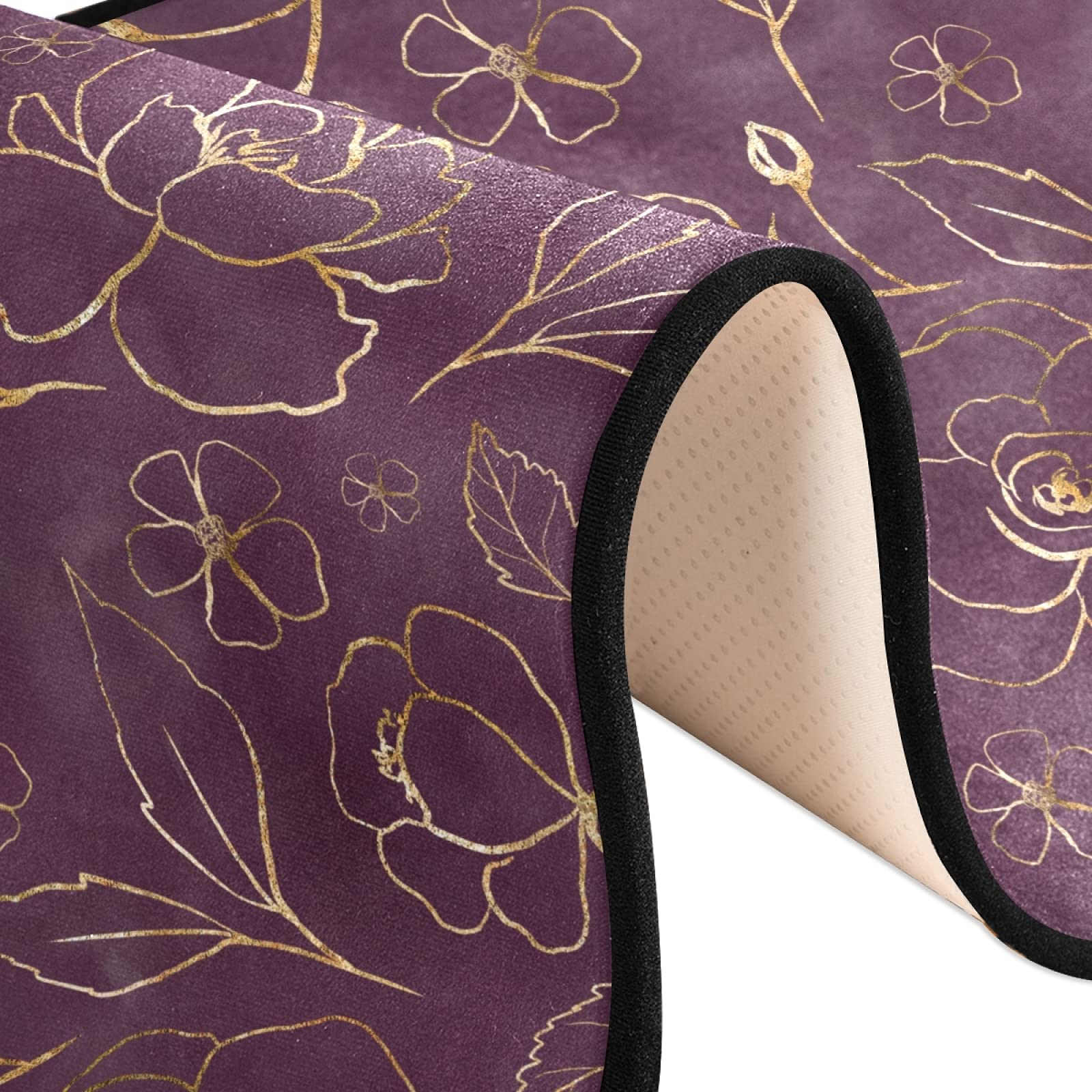 Non-Slip Gold Floral Runner Rug 2x6 FT - Rose & Leaves Pattern Indoor Carpet for Hallway, Kitchen, Bedroom Entry | Soft Washable Area Mat for Bathroom, Living Room & High Traffic Areas