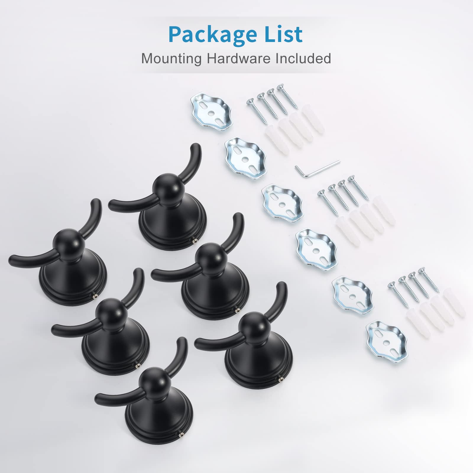 Premium Matte Black Wall Mounted Towel Hooks (6-Pack) - Heavy Duty Bathroom Towel Hangers for Robes & Towels - Rustproof Bathroom Accessories for Home, Gym, Spa & Hotel Use