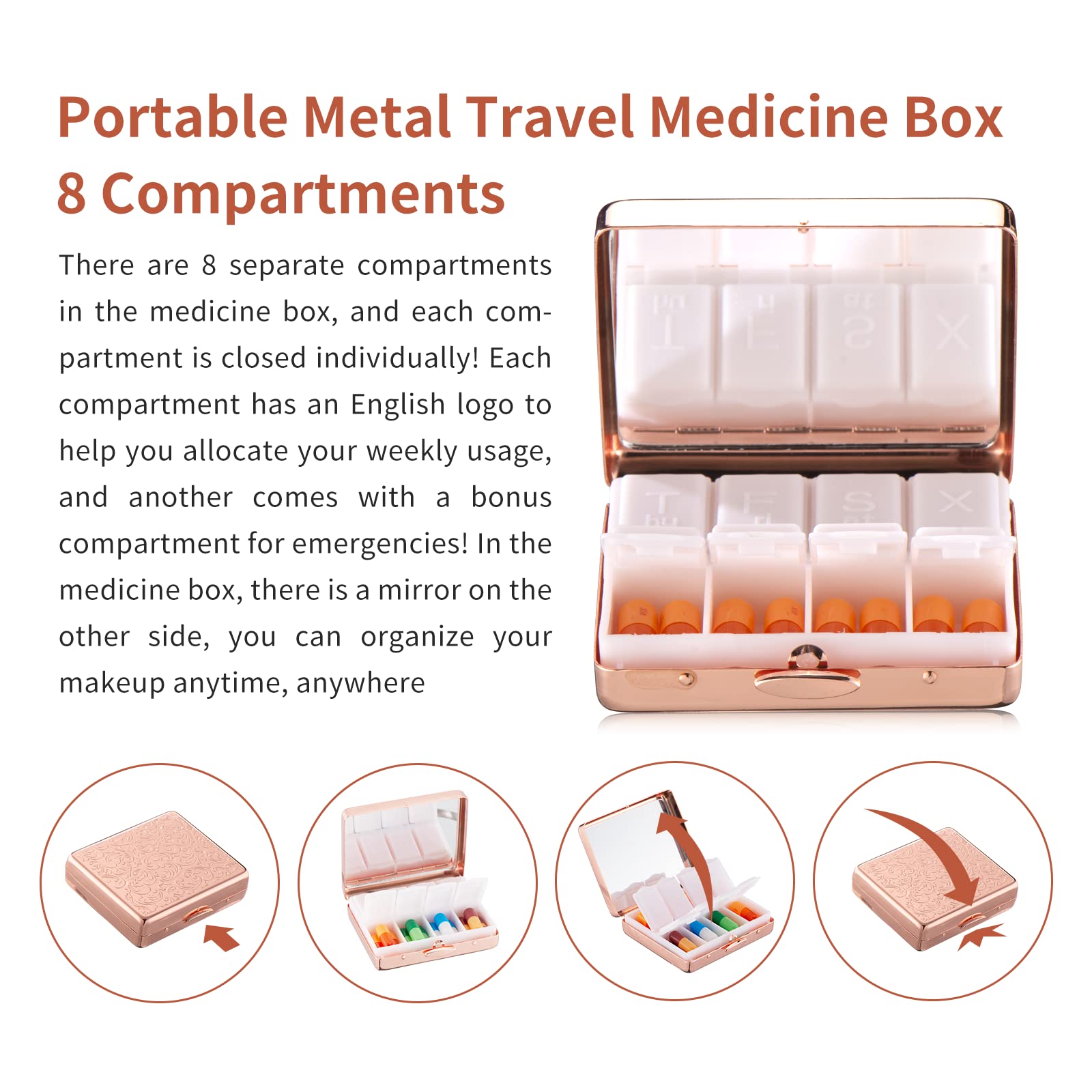 Portable Metal Travel Medicine Box with Mirror - 8 Compartments Rose Gold Pill Organizer | Perfect for Daily Medication, Travel Essentials & First Aid Kit Organization