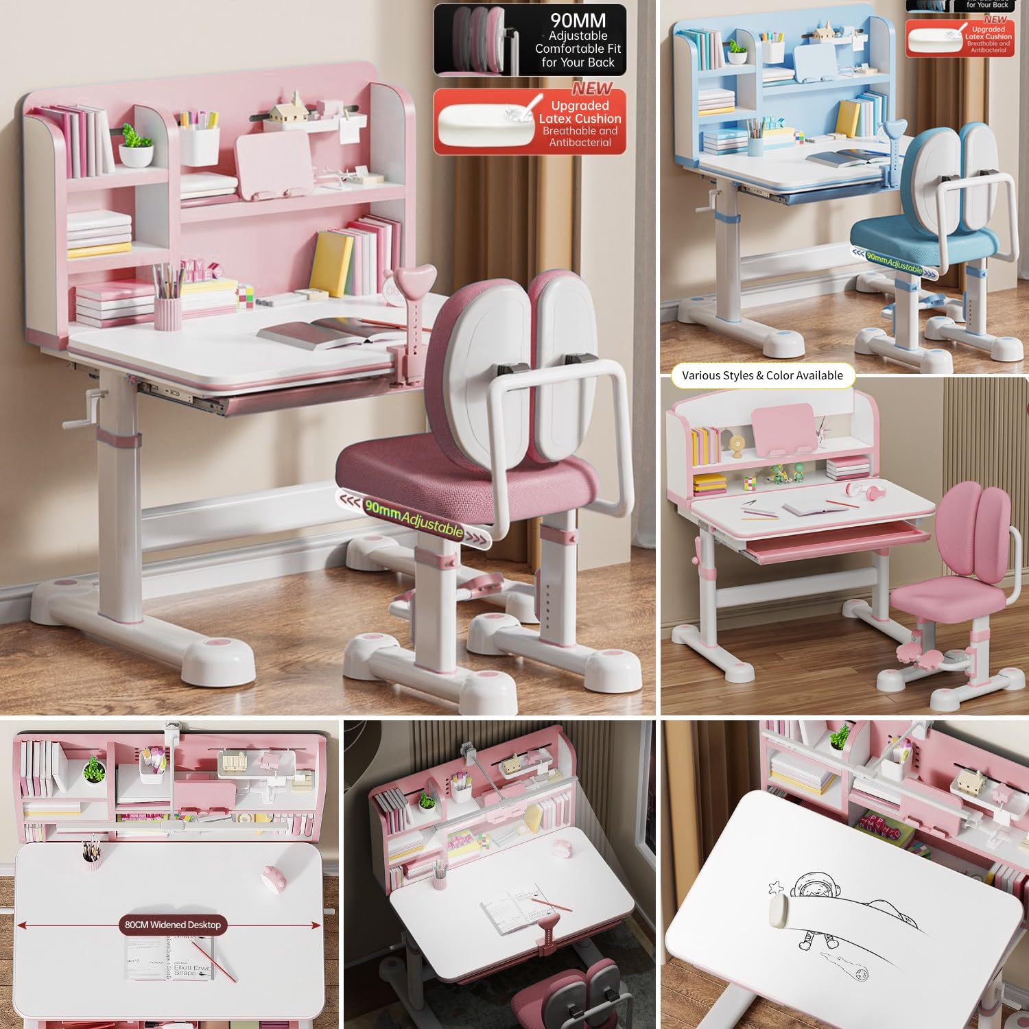 Adjustable Kids Study Desk and Chair Set with LED Light & Storage - Ergonomic Children's Writing Table, Tilt Desktop, Bookstand for School & Homework - Perfect for Home, Classroom, Dorm (Pink)