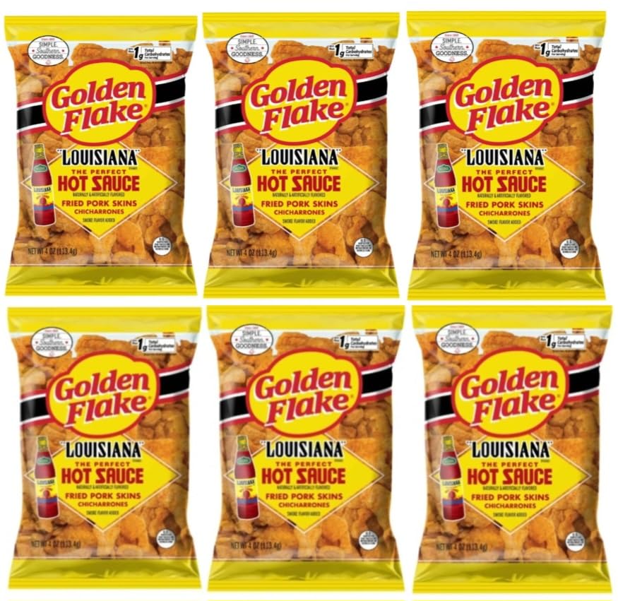 Golden Flake Pork Skins Louisiana Hot Sauce - Crunchy Pork Rinds Snacks - 4oz Bags (6 Pack) | Spicy Keto-Friendly Chips for Parties, Game Day & Low-Carb Diet