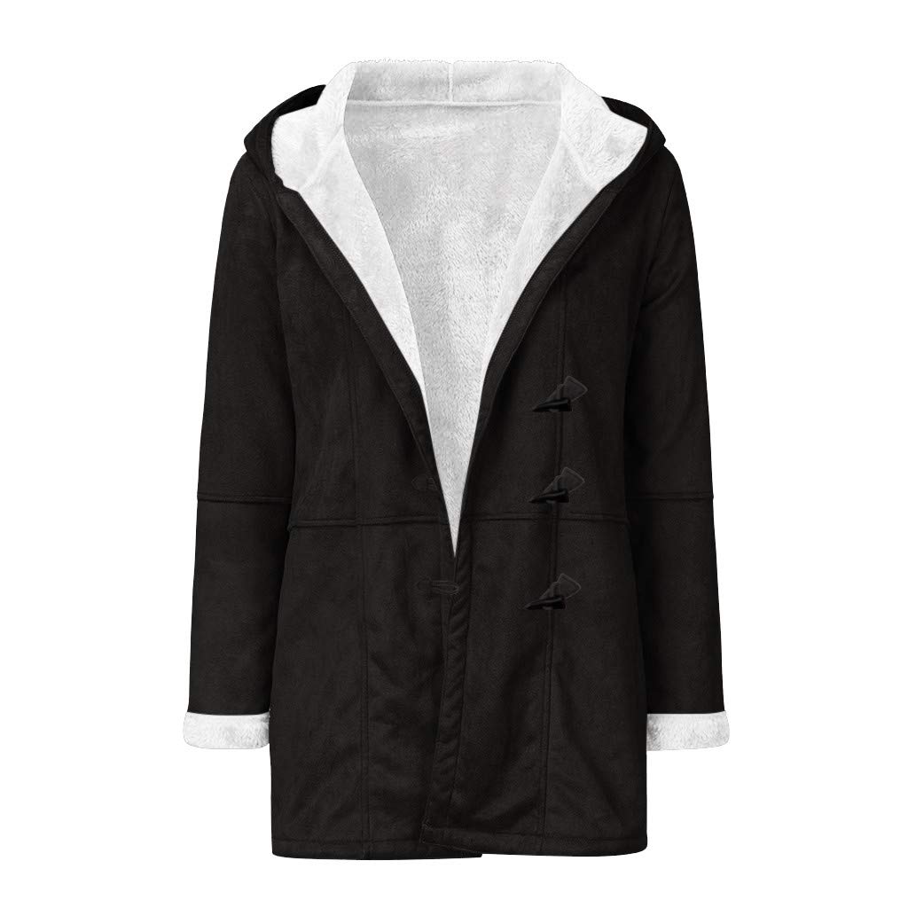 Women's Fleece-Lined Suede Trench Raincoat with Hood & Horn Buttons - Warm Waterproof Outerwear Jacket (Black, Medium) - Perfect for Fall, Winter & Rainy Day Commutes