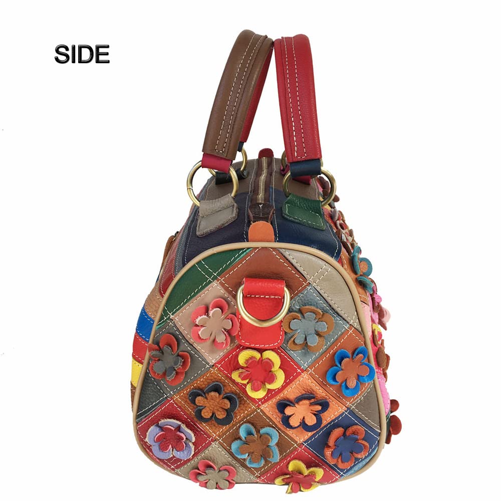 Genuine Leather Boston Bags for Women - 3D Floral Top Handle Handbag, Satchel Shoulder Crossbody Tote Purse | Work, Travel & Everyday Use