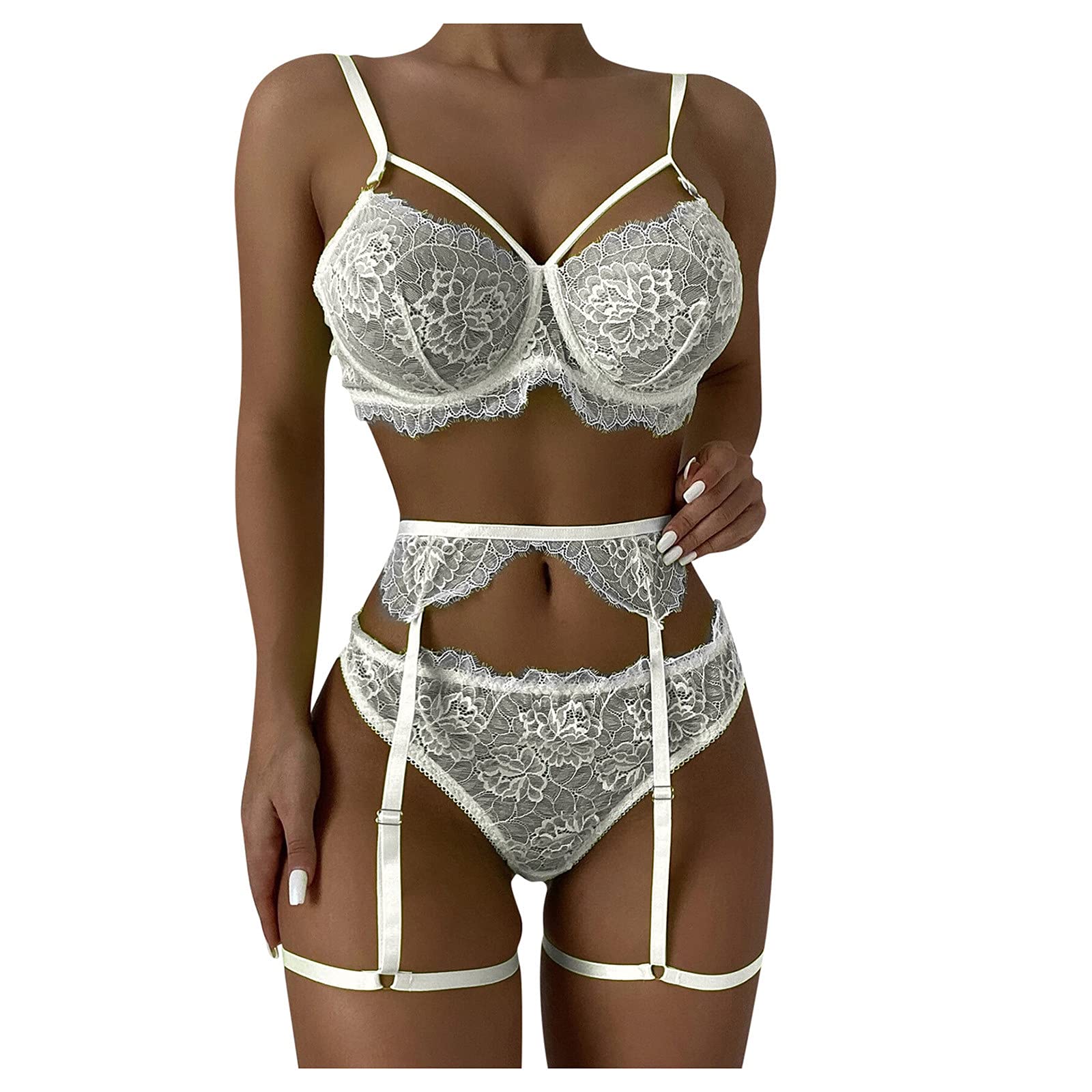 Sexy Lace Lingerie Set for Women - Garter Belt & Thong Underwear with Steel Rings, Comfortable Sleepwear & Pajamas for Bedroom, Boudoir Photography and Romantic Nights