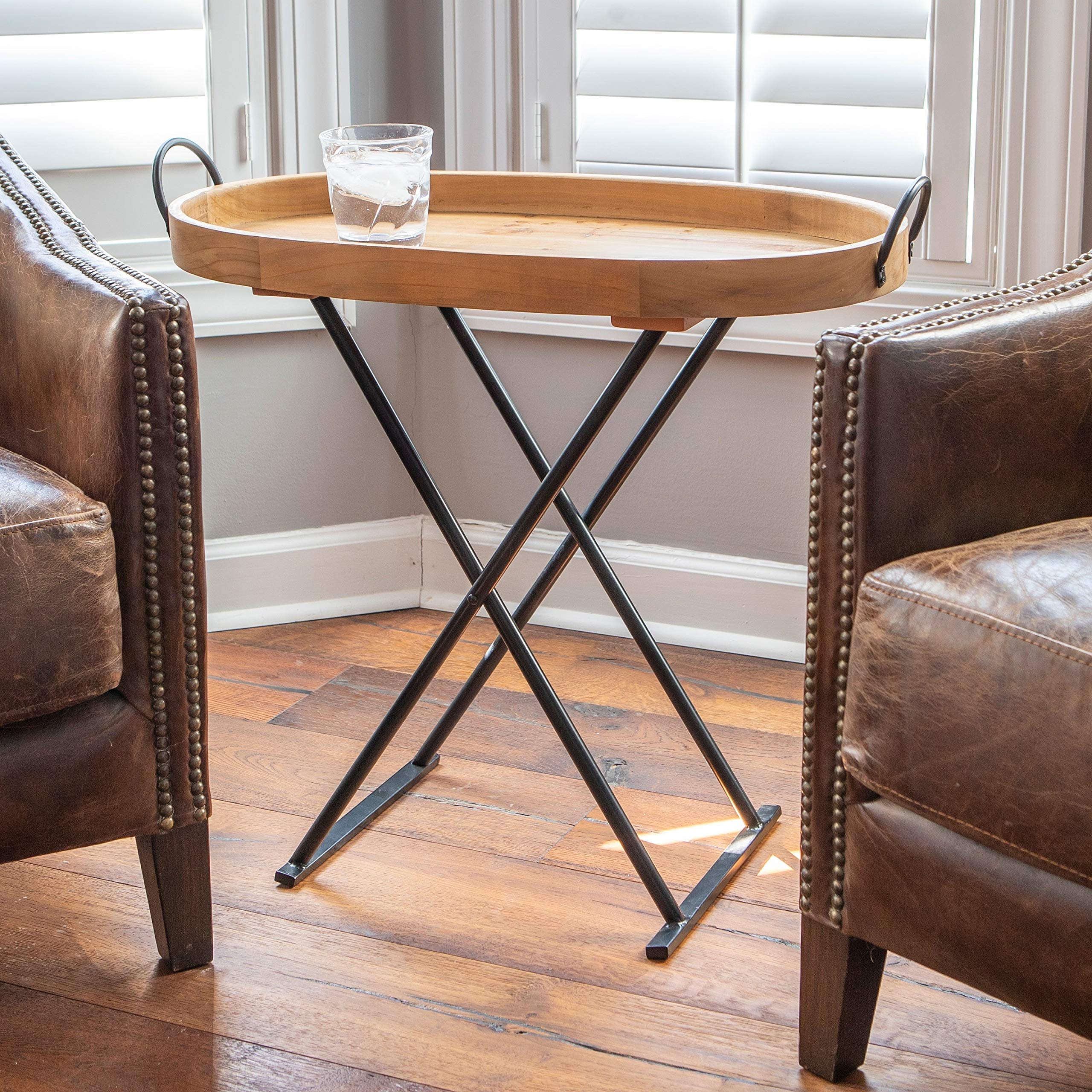 UKN Oval Wood Tray Top Folding Table - Black & Natural Farmhouse Style with Veneer Finish | Perfect for Dining, Living Room, and Outdoor Gatherings