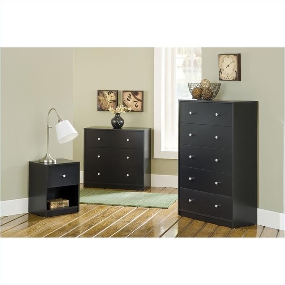 Scandinavian Modern 4-Piece Bedroom Furniture Set with 3-Drawer Chest, 6-Drawer Dresser & Nightstands - Black Finish with Pewter Handles for Contemporary Home Decor | Perfect for Master Bedroom, Guest Room or Apartment Living