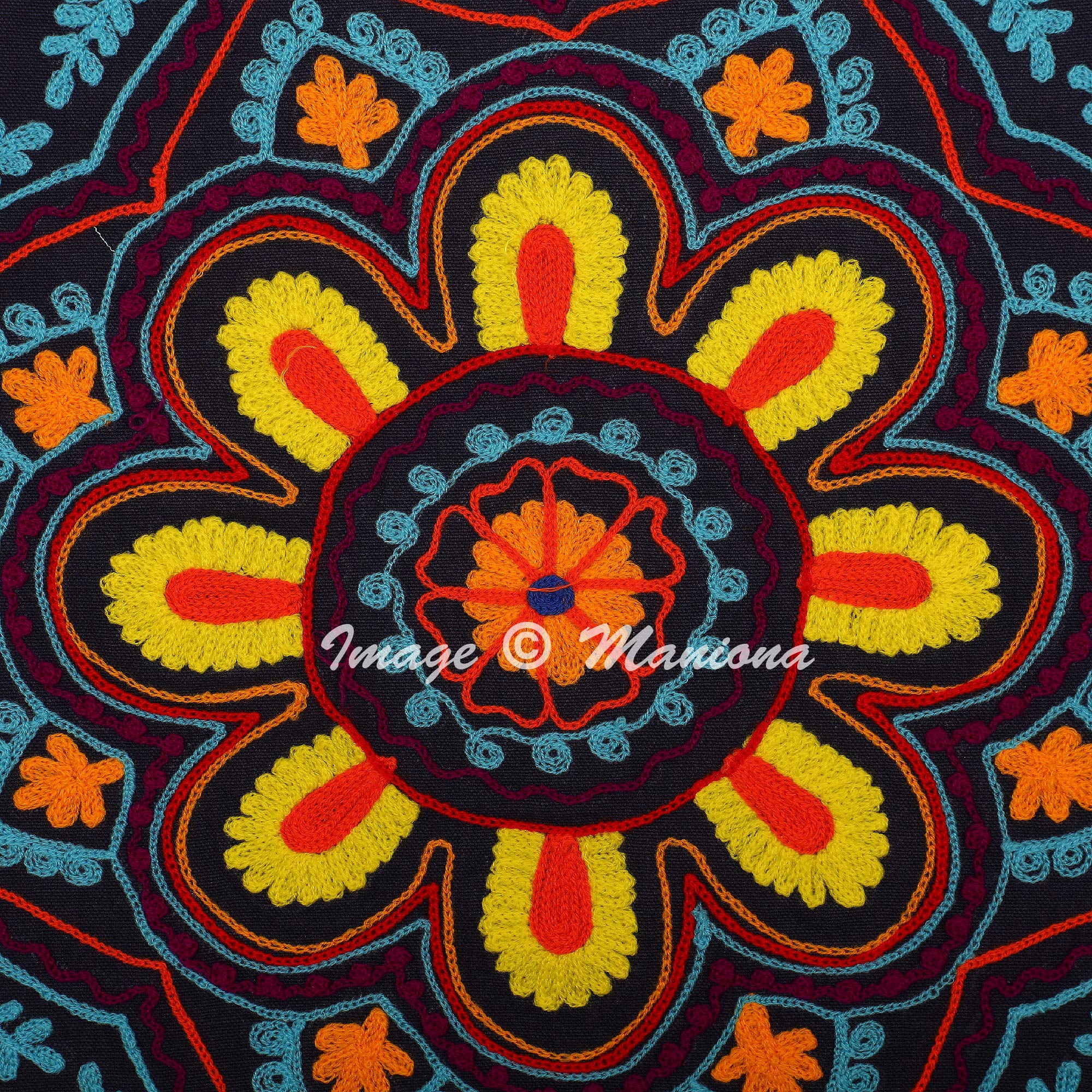 Boho Suzani Cushion Covers 16x16 Inches - 2 Piece Set with Pom Pom Trim, Indian Inspired Decorative Pillow Cases for Outdoor, Patio, and Bohemian Home Decor