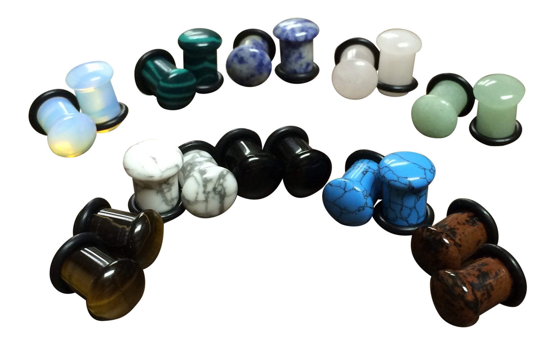 10 Pair Stone Plugs Organic Single Flare Ear Gauges with O-Rings - Natural Body Jewelry for Stretching & Everyday Wear - Perfect for Men & Women
