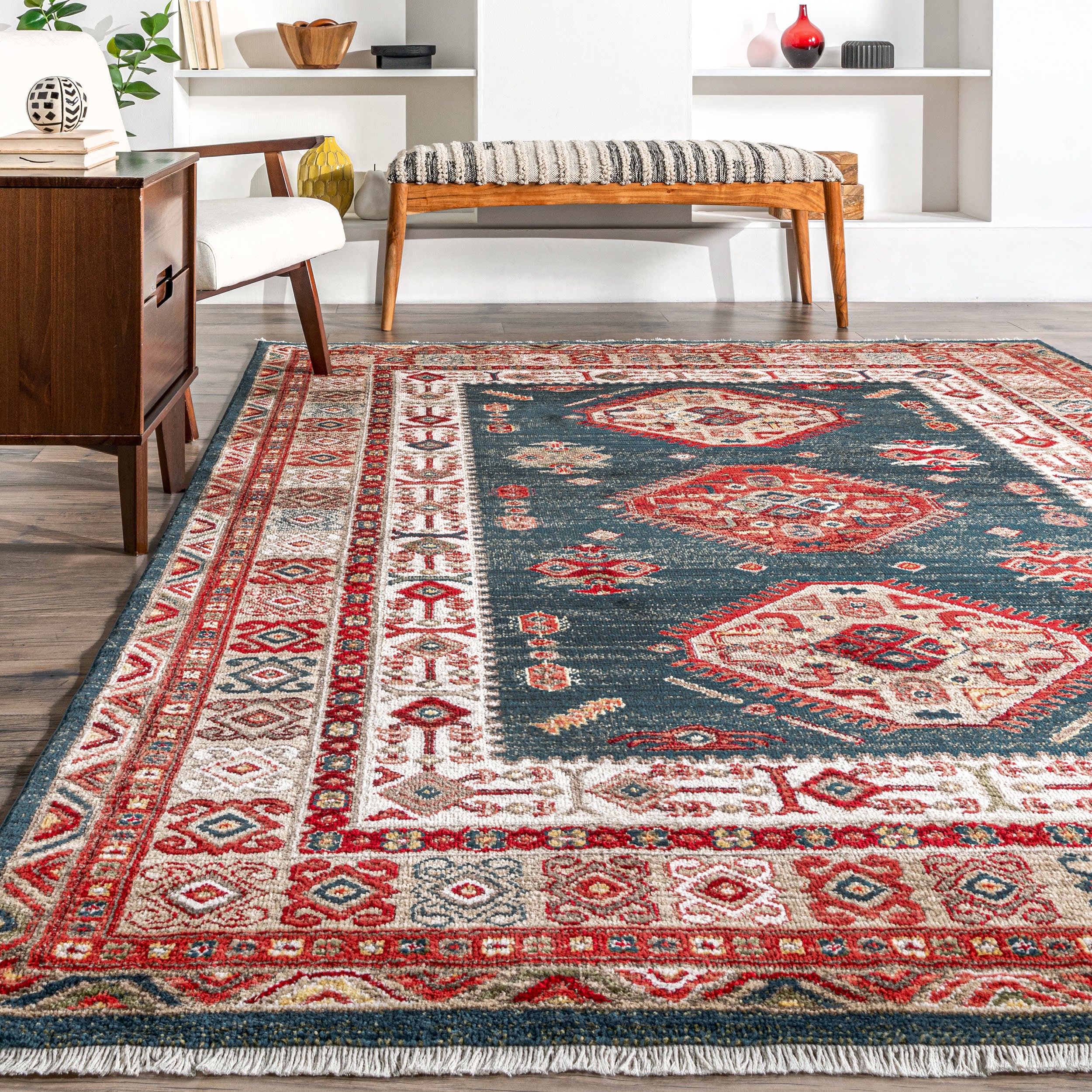 Blue Emblem Fringed Rug - Bohemian Style Decorative Area Rug for Living Room, Bedroom & Home Decor