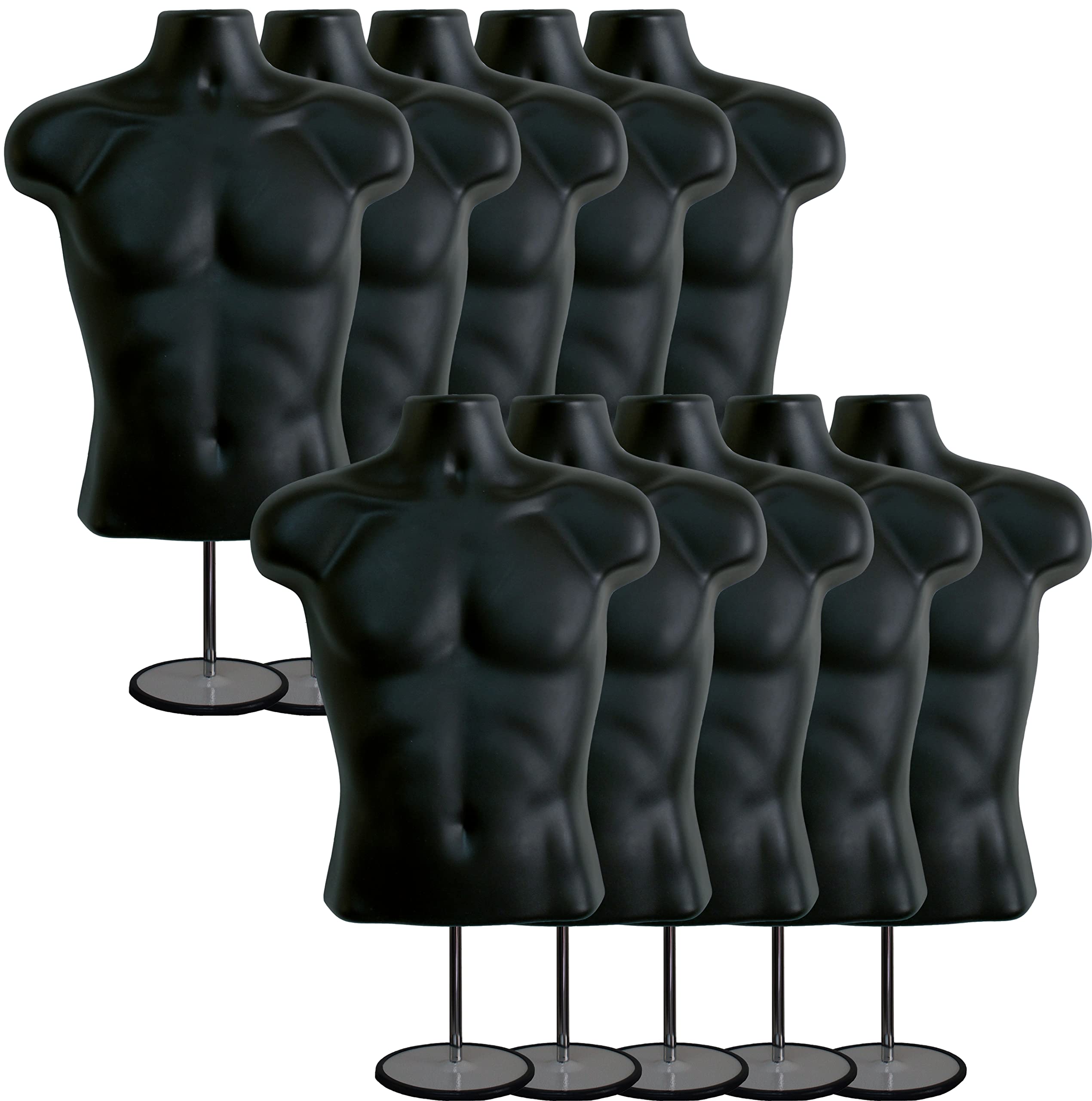Black Male Mannequin Torso with Metal Stand - Adjustable Hollow Back Display Form for Clothing Stores, Fashion Shows & Photography (10-Pack, Size S-M)