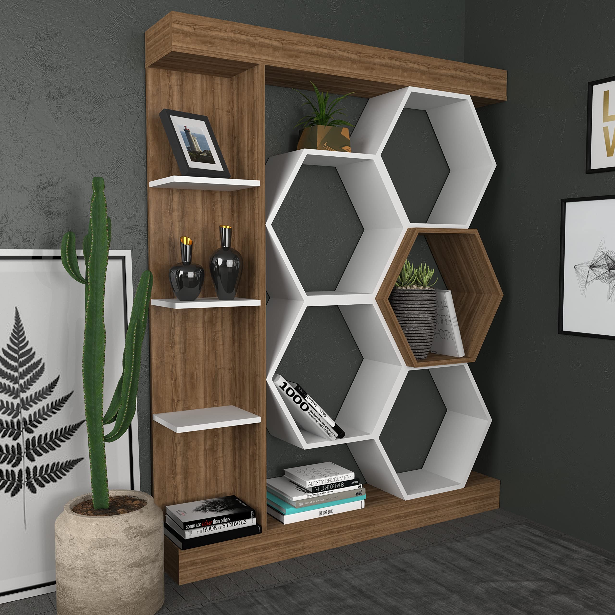 Decorotika Sueno Bookcase - White & Walnut Finish, Modern Wooden Bookshelf for Living Room, Bedroom, Office - Stylish Home Storage Solution for Books, Decor & Display Items
