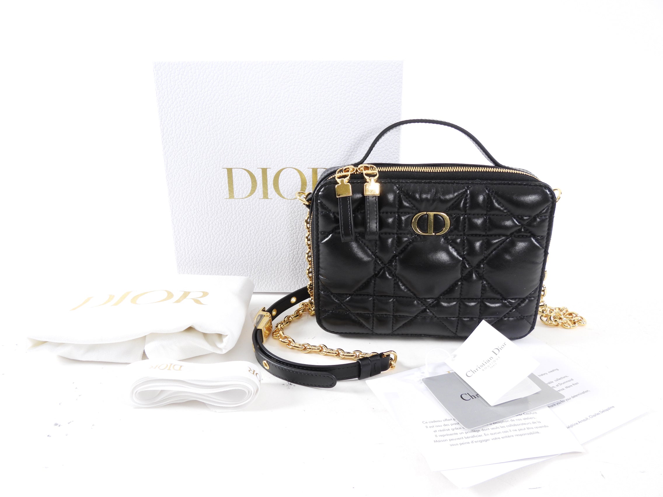 Dior Black Calfskin Cannage Box Caro Pouch Crossbody Zip Bag - Luxury Designer Handbag for Women, Perfect for Evening Parties & Date Nights