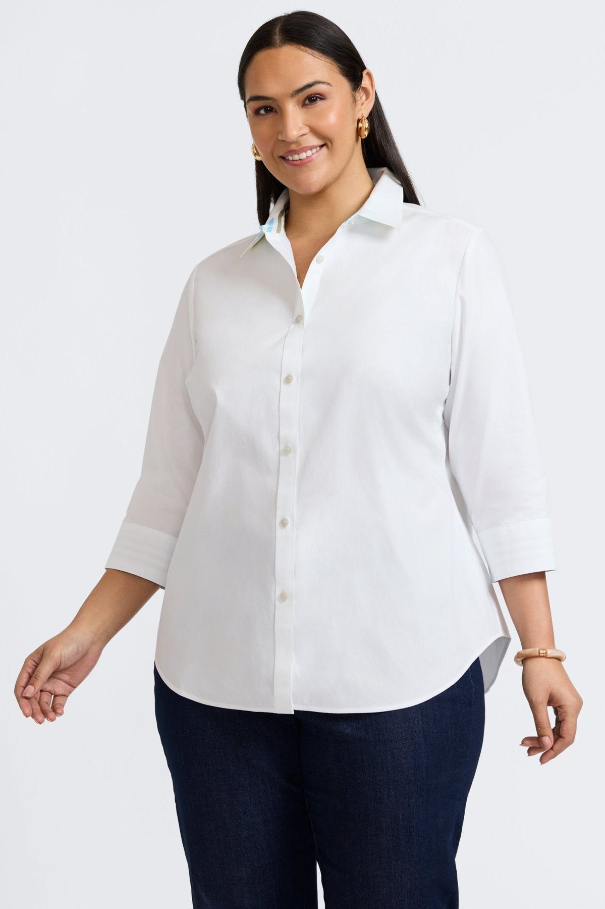 Margie Plus No Iron Pinpoint 3/4 Sleeve Shirt for Women - Wrinkle-Free Comfort Office Wear & Business Casual Outfits
