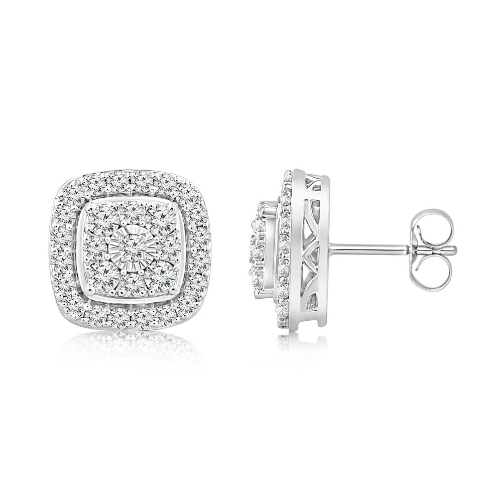 0.95 Carat Diamond Cushion Cluster Stud Earrings - 14K White Gold Elegant Wedding Jewelry Gift for Her - Perfect for Anniversary, Engagement & Special Occasions