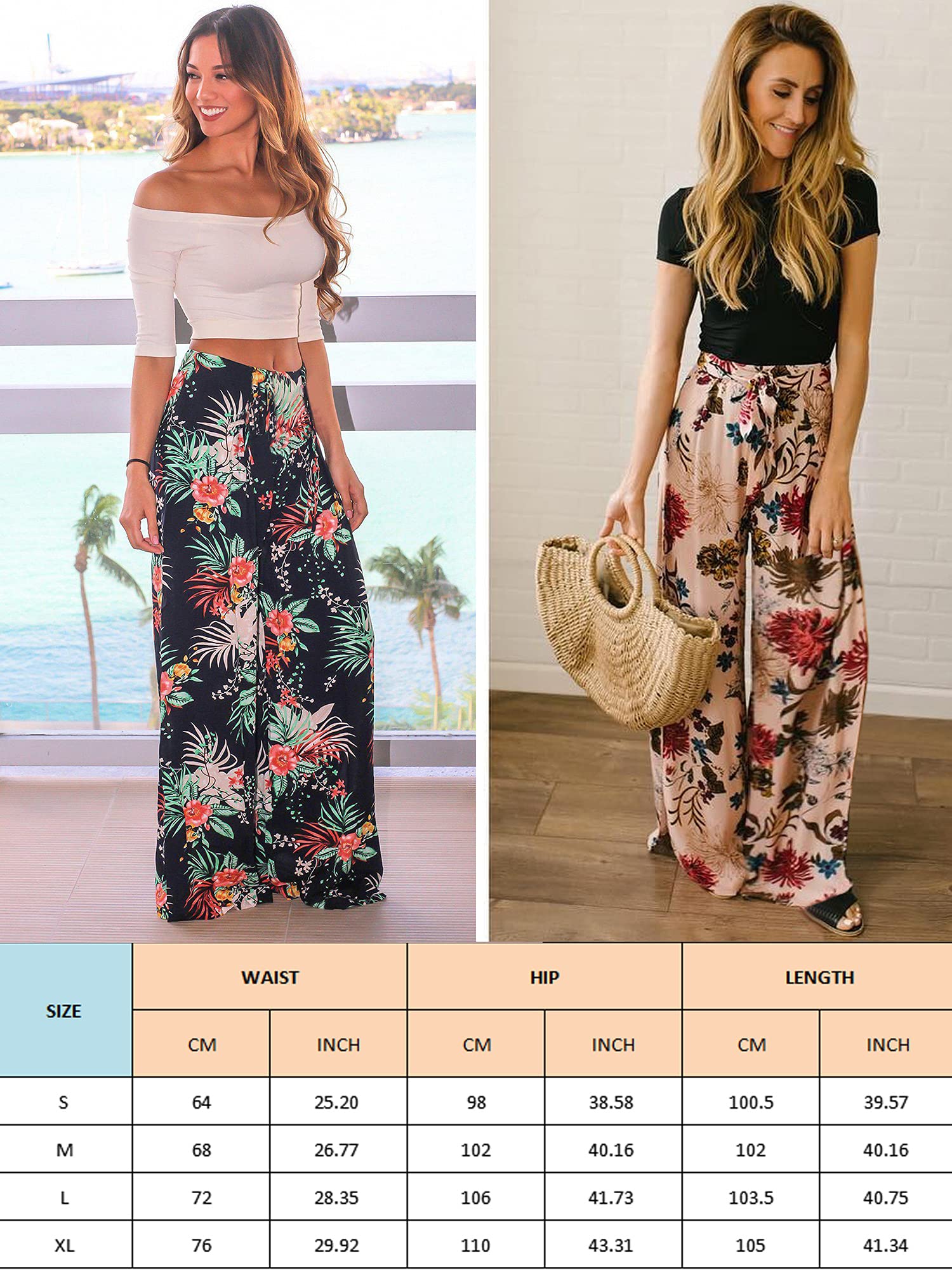 ECOWISH Women's Wide Leg Palazzo Pants - High Waist Flared Trousers with Pockets | Tropical Floral Print Casual Summer Pants 2025 | Perfect for Beach Vacations, Office Wear & Boho Fashion