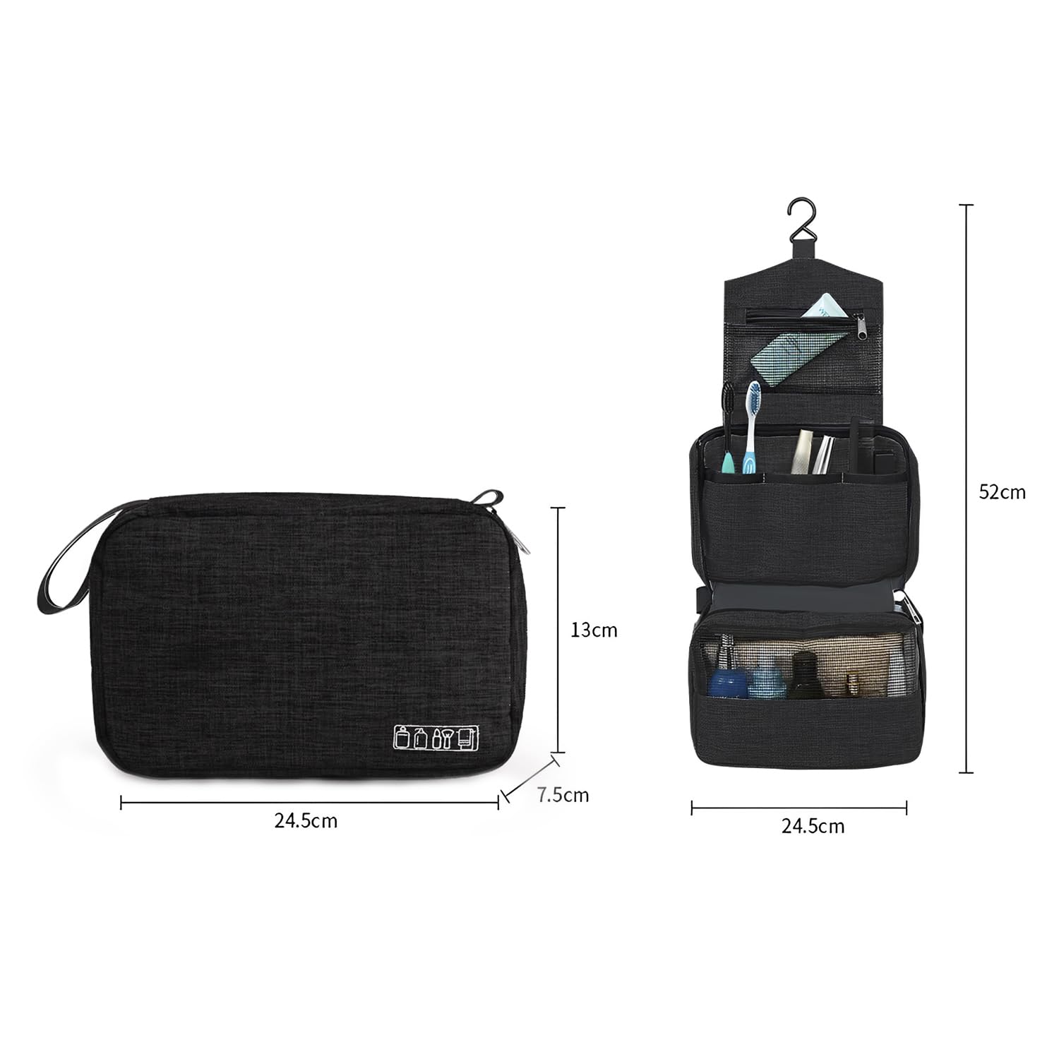 Travel Makeup Bag for Women - Small Cosmetic Organizer with 3 Compartments, Polyester Vanity Pouch for Makeup Brushes & Beauty Essentials (Black) - Perfect for Vacation, Gym & Daily Use