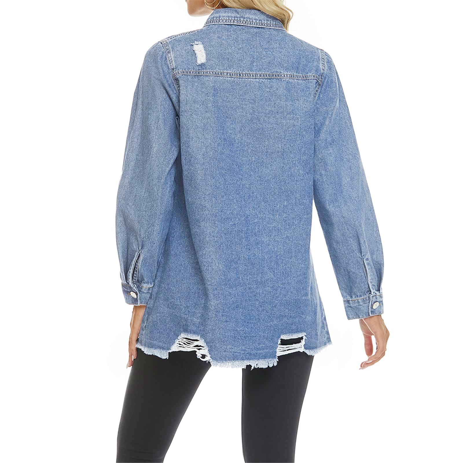 Women's Distressed Denim Jacket - Ripped Button Down Mid-Length Casual Jean Coat for Women | Perfect for Streetwear, Layering & Everyday Fashion