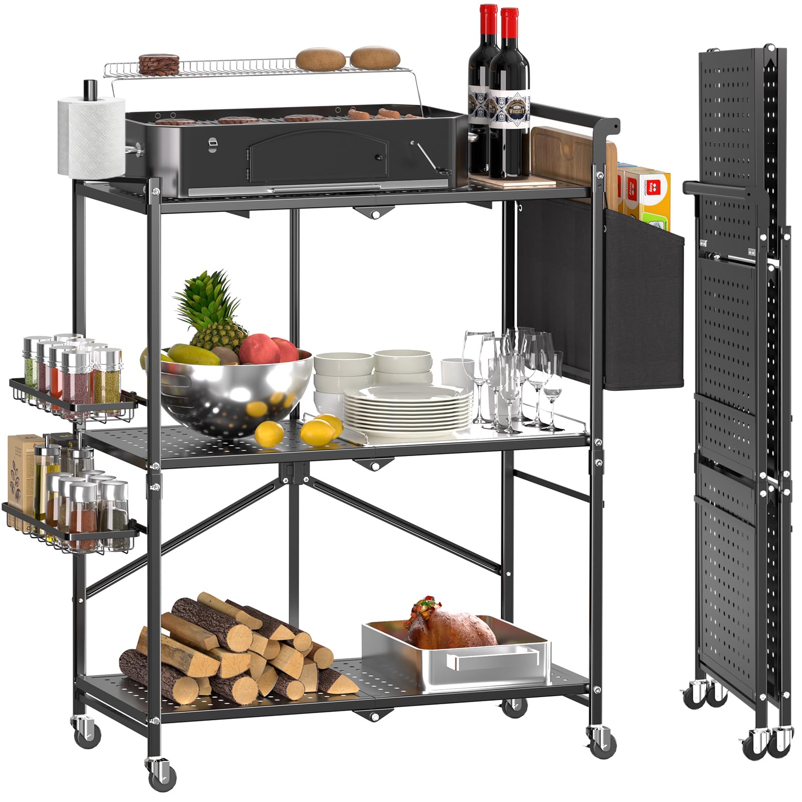 Foldable 3-Tier Outdoor Grill Cart with Locking Casters - Portable BBQ Table, Pizza Oven Stand & Folding Kitchen Island for Patio, Backyard & Camping - Black