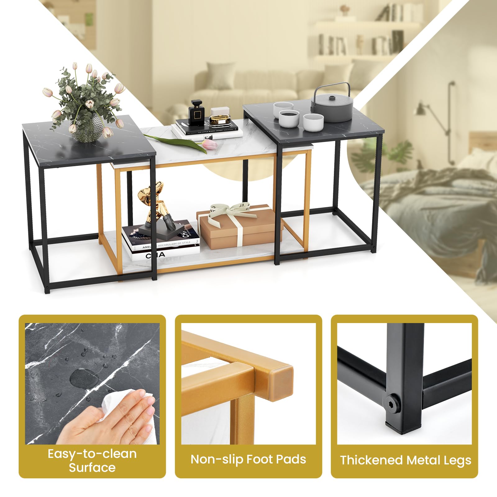 COSTWAY 3-Piece Nesting Coffee Table Set with Faux Marble Top & Heavy-Duty Metal Frame - Modern Rectangular End Tables for Small Spaces, Living Room, Bedroom | Perfect for Sofa Side Tables, Coffee Table Decor & Compact Home Furniture