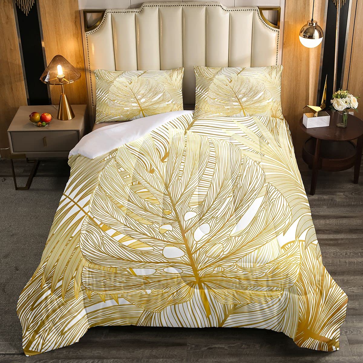 Luxury Golden Tropical Palm Leaf Comforter Set - 3Pcs Queen Size Hawaiian Botanical Duvet Cover with Leaf Branches Design for Kids, Boys, Girls & Teens Bedroom Decor | Perfect for Beach-Themed Rooms, Tropical Nursery, Vacation Home & Boho Chic Style