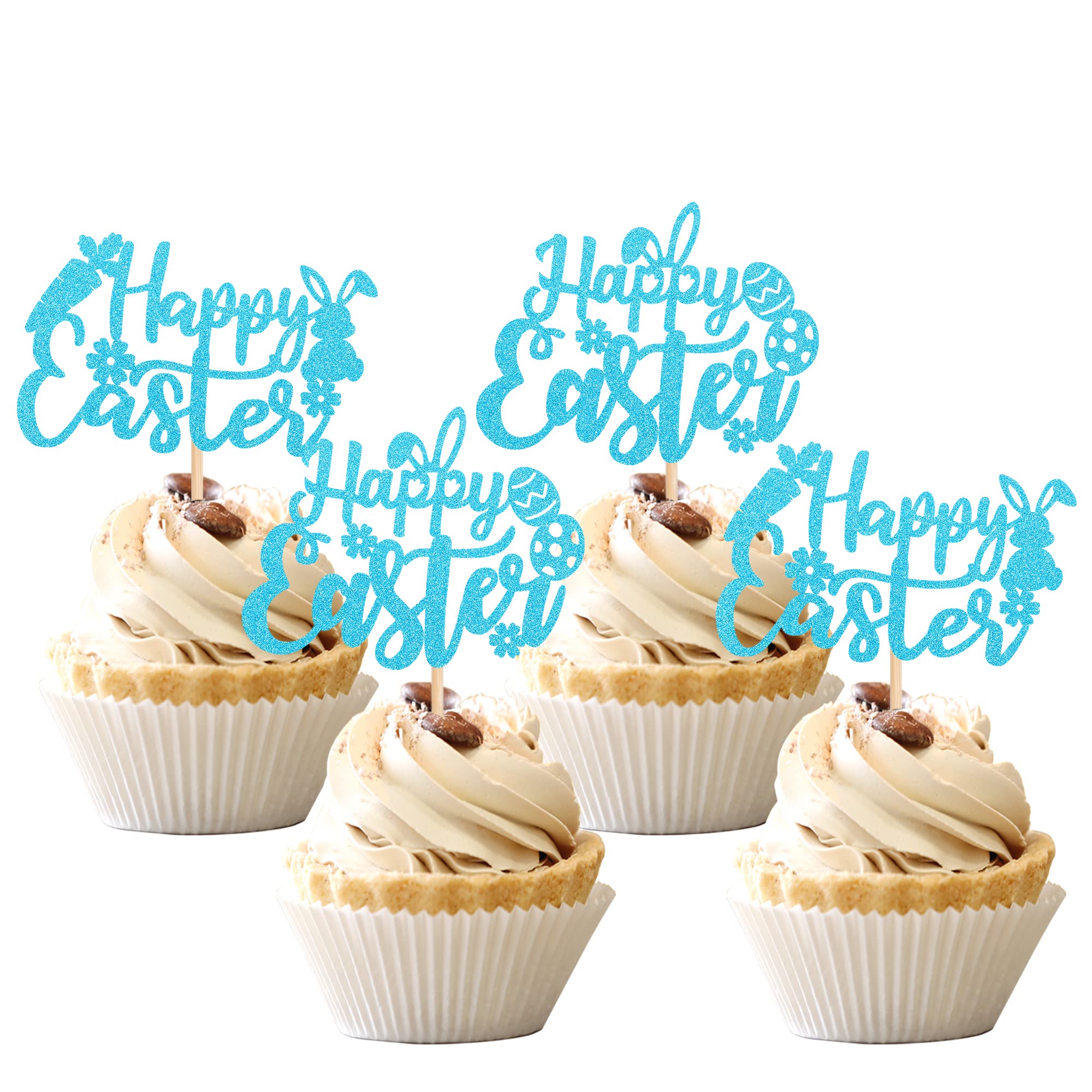 24-Piece Glitter Easter Cupcake Toppers Set - Bunny Rabbit, Carrot & Egg Decorations for Easter Parties, Baby Showers & Kids Birthday Cakes - Blue (Perfect for Easter Dessert Decor, Holiday Baking & Spring Celebration Treats)