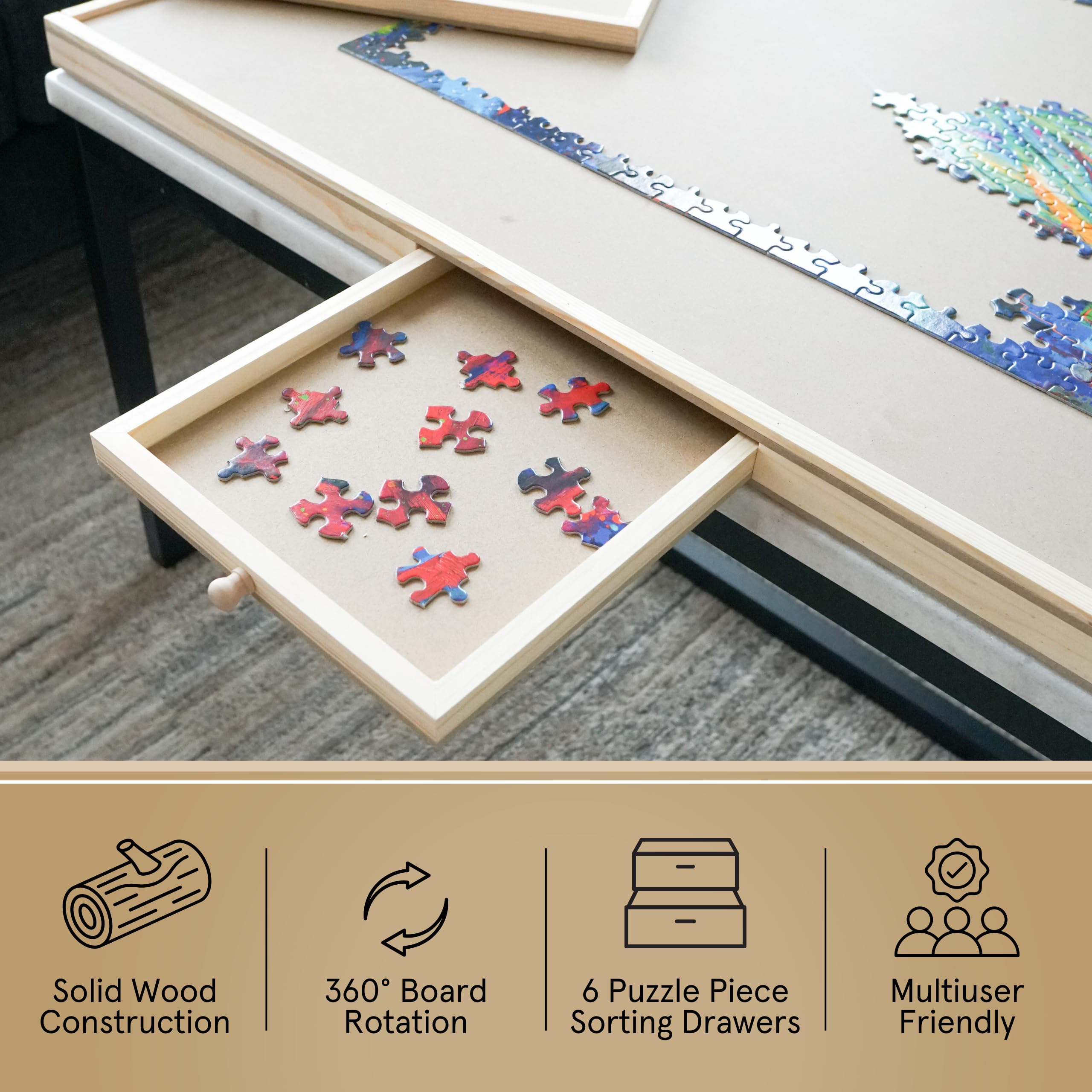 360° Rotating Puzzle Board with Storage Drawers & Protective Cover - 35” x 26” Large Puzzle Table for 1500 Pieces - Adjustable Height for Adults & Kids - Perfect for Family Game Nights, Home Decor & Puzzle Enthusiasts