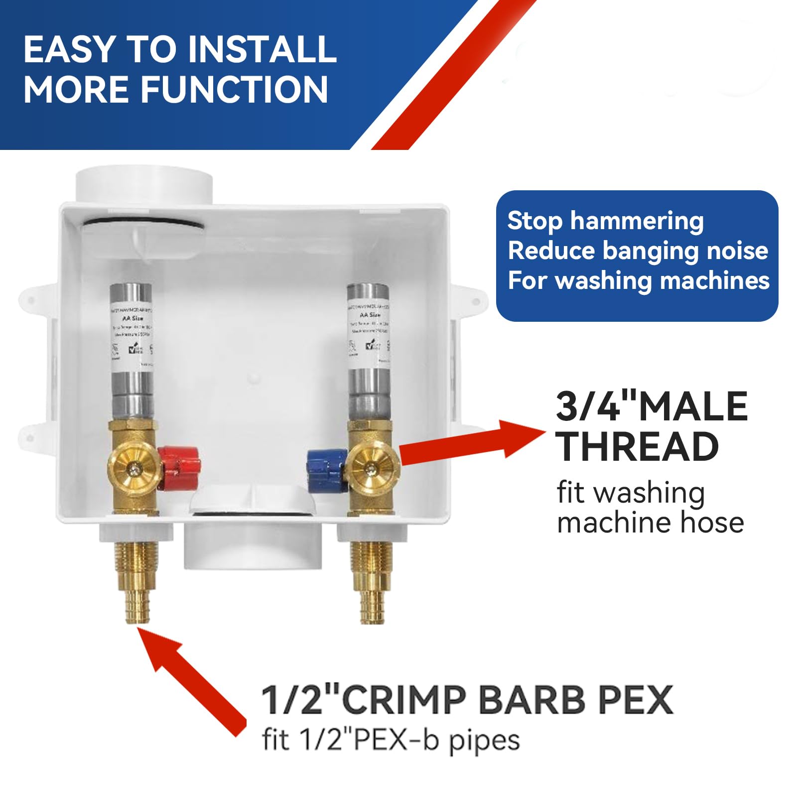Stainless Steel Washing Machine Outlet Box with Water Hammer Arrestor - 1/2 Inch PEX Inlet x 3/4 Inch MHT Outlet - Laundry Plumbing Fitting Box with Center Drain - Perfect for Home Washer Installation & Utility Room Plumbing