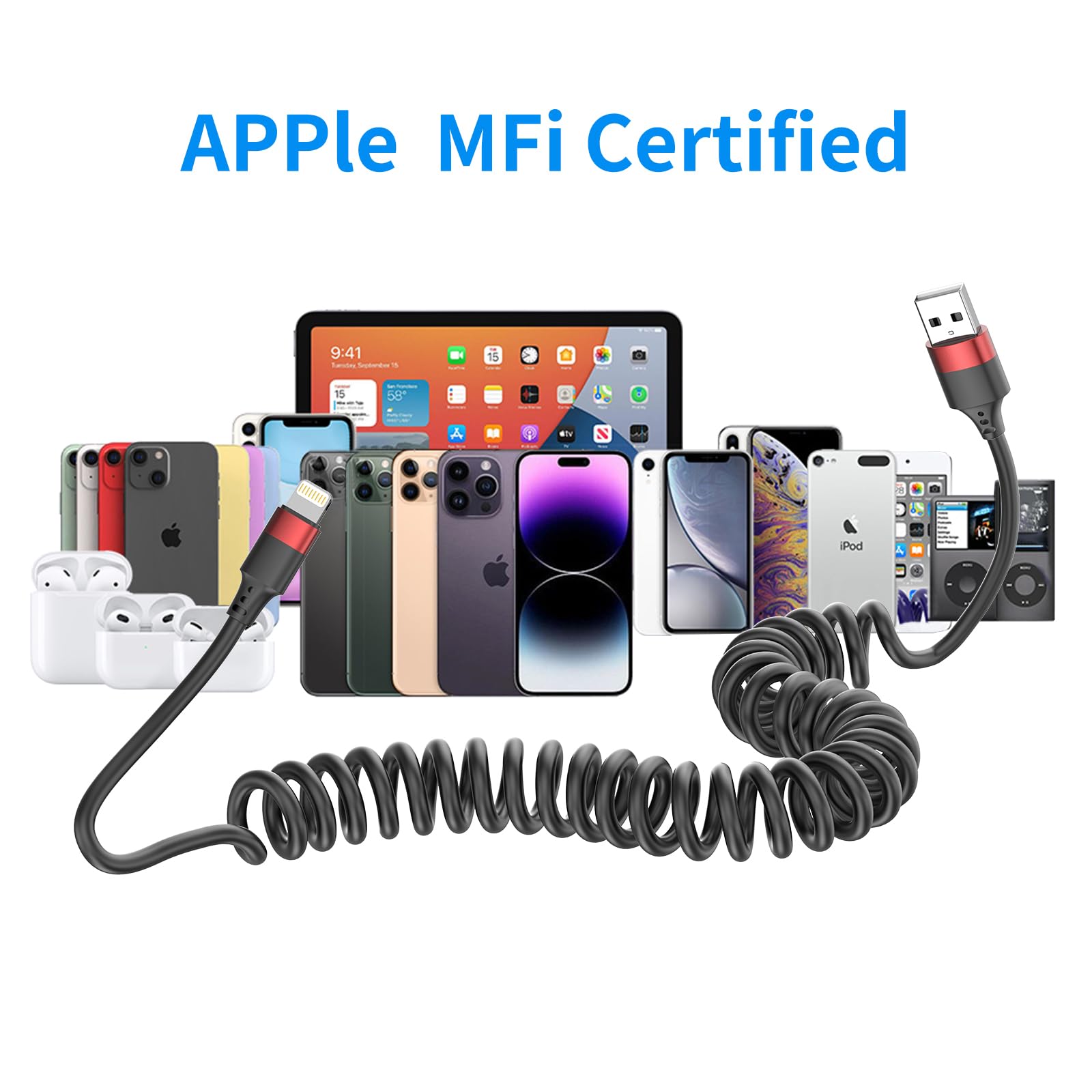 2 Pack Coiled Lightning Cable for Car - Fast Charging iPhone CarPlay USB Cable Compatible with iPhone 14/13/12/11 Pro Max/Mini/XR/XS/8/7 Plus/SE & iPad/iPod - Perfect for Road Trips & Daily Commute