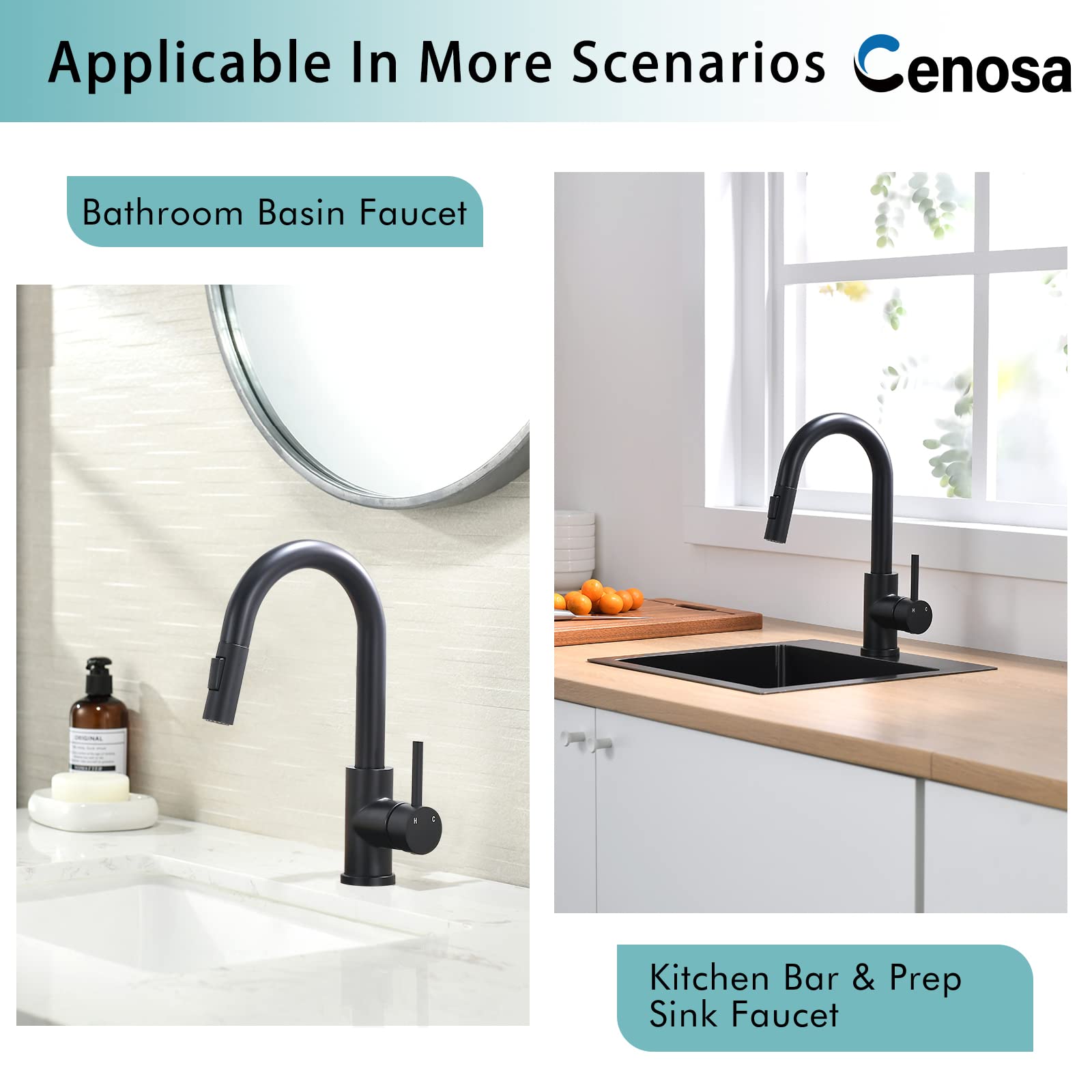 Modern Matte Black Single Handle Pull-Out Sprayer Kitchen Bar Sink Faucet with Hot & Cold Water - Perfect for Prep Sinks, Wet Bars, and Small Kitchen Spaces