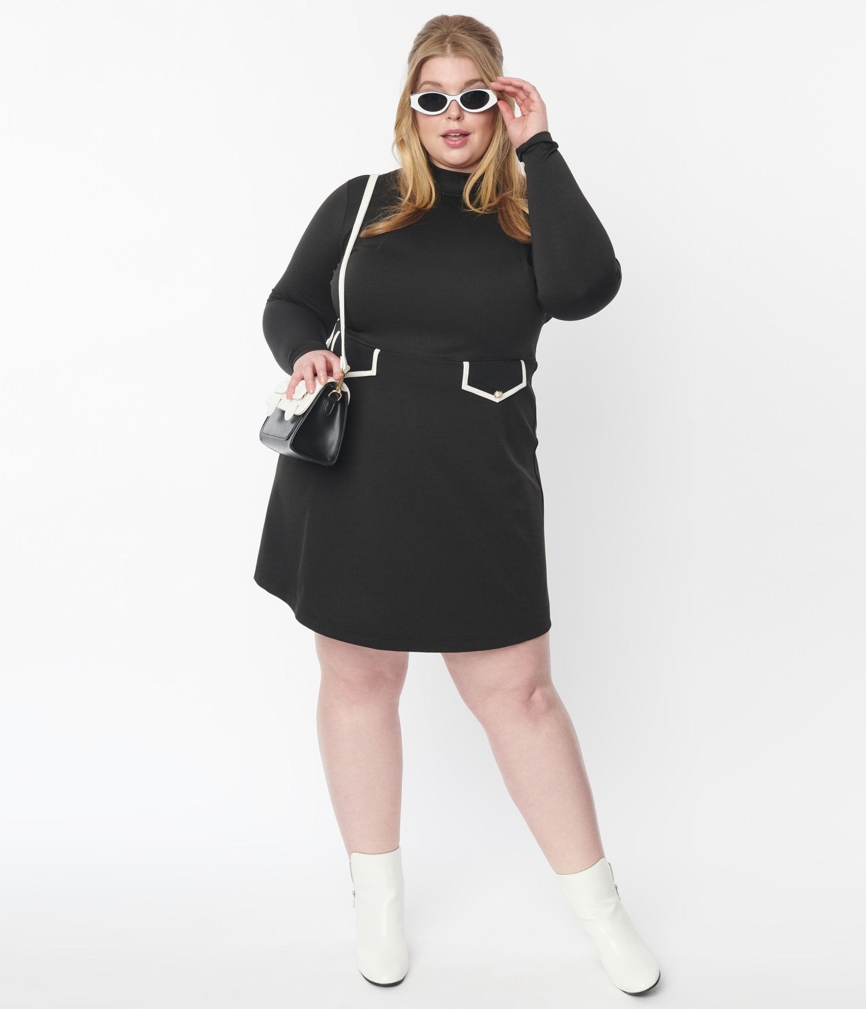 Smak Parlour Plus Size Black Mock Turtleneck Fit & Flare Dress for Women - Elegant Office Wear & Holiday Party Outfit