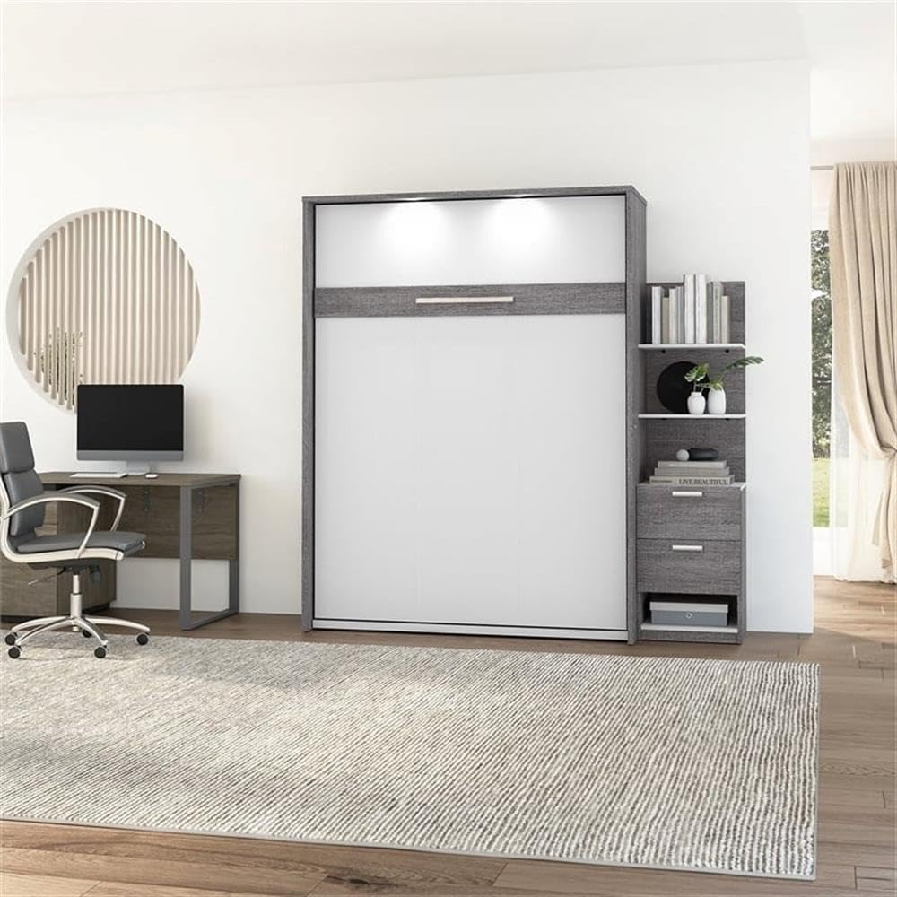Atlin Designs Wood Queen Murphy Bed with Nightstand in Bark Gray/White - Space Saving Wall Bed for Small Apartments, Guest Rooms & Home Offices