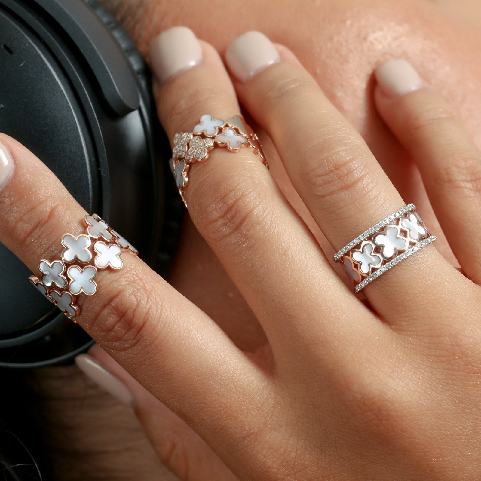 14k Rose Gold Diamond and Mother of Pearl Clover Eternity Ring - Elegant Stackable Band for Weddings, Anniversaries & Everyday Wear