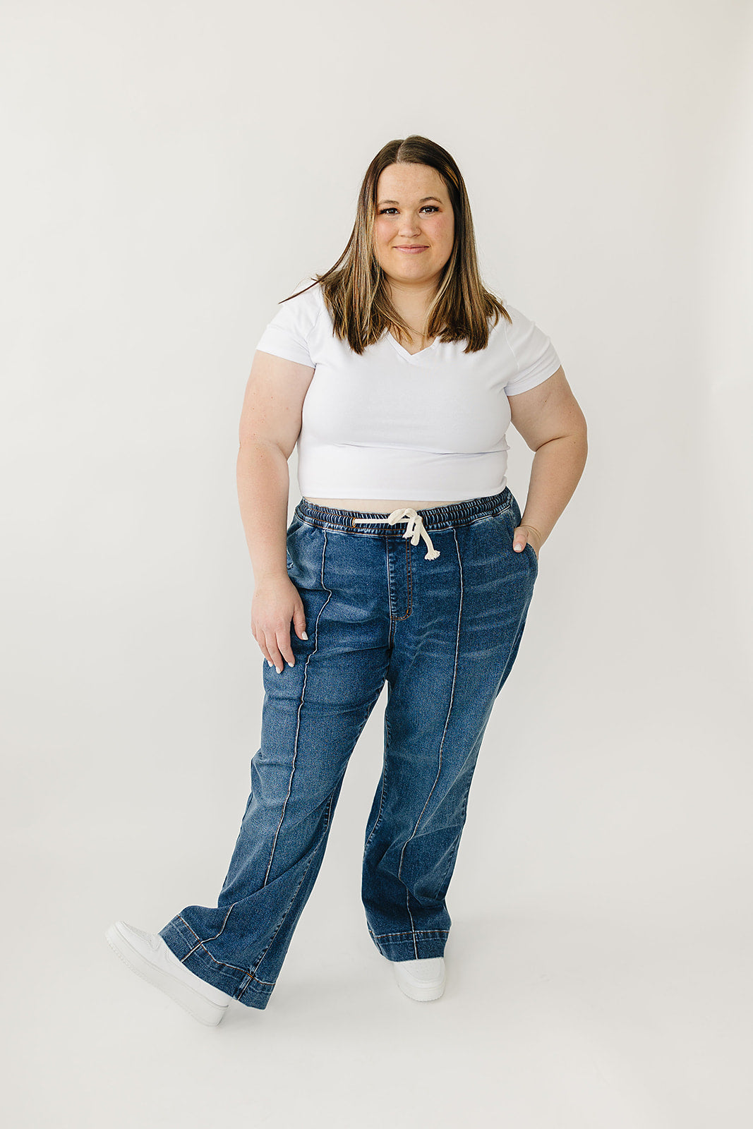 High Rise Wide Leg Denim Joggers for Women - Comfortable Stretchy Casual Pants for Lounge, Travel & Everyday Wear